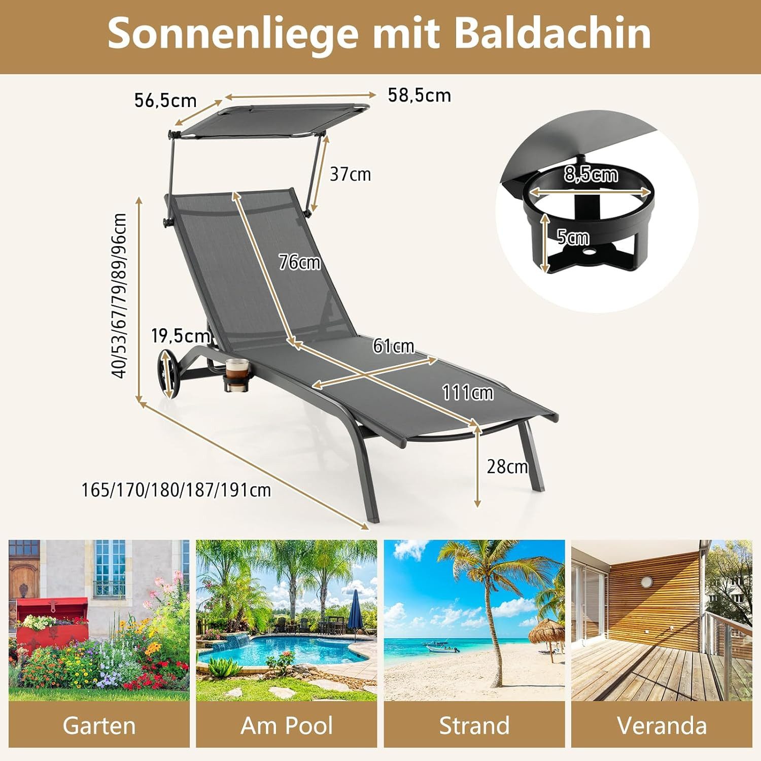 KOMFOTTEU Relaxliege Liegestuhl Gartenliege, 1 Teile, mit Dach, Rollen & Getränkehalter