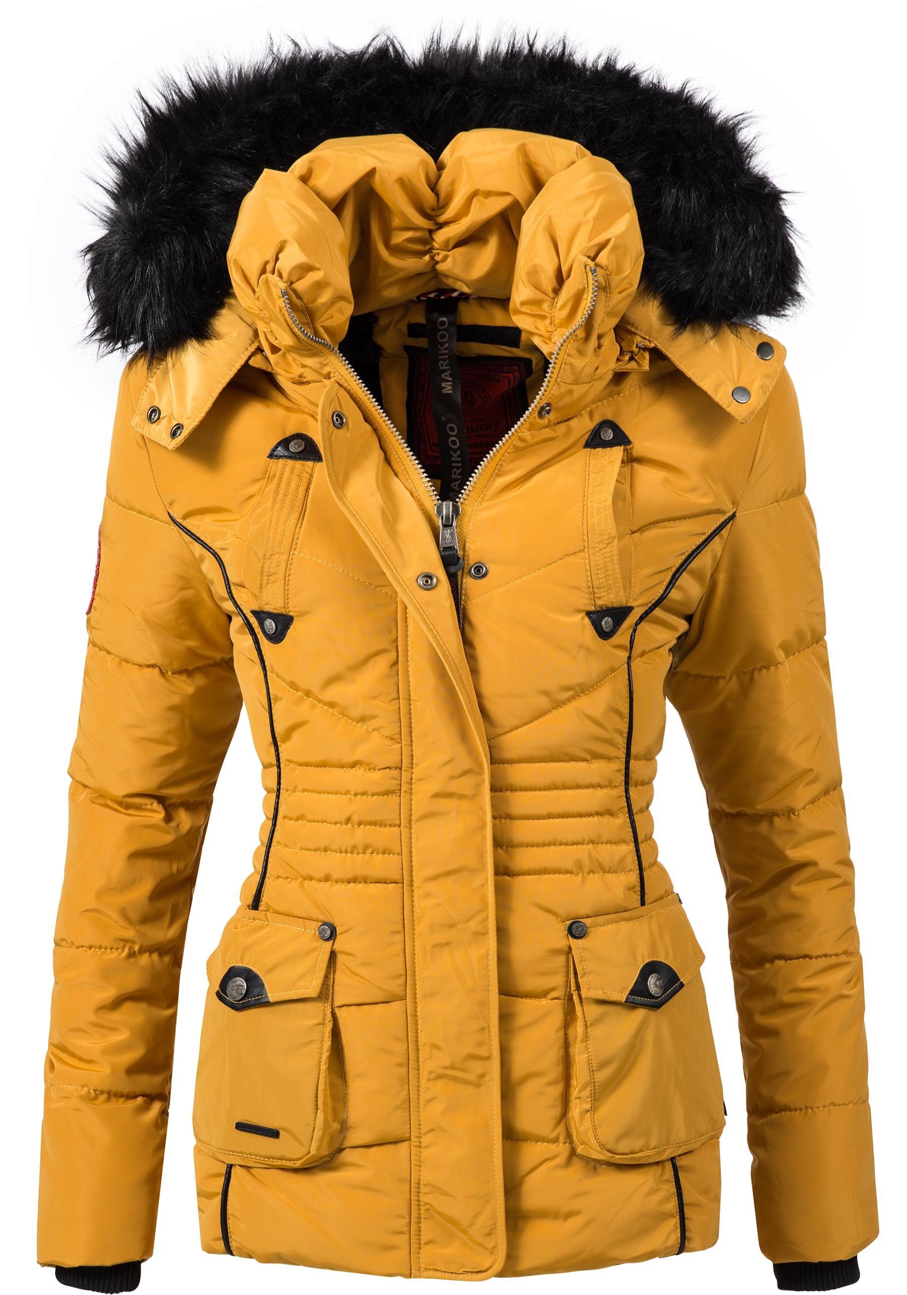 Marikoo Steppjacke Vanilla edle Winterjacke m. Kunstfellkapuze gelb