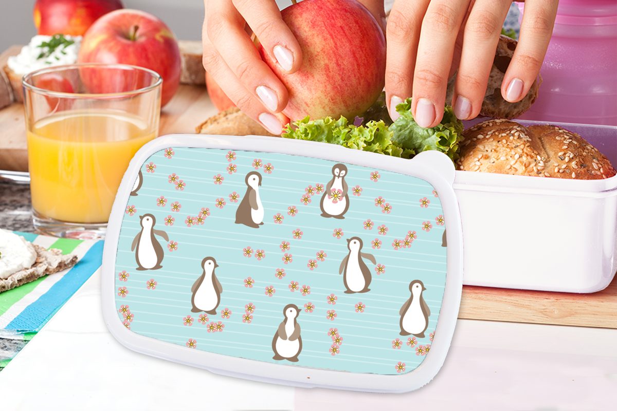 Brotdose, Brotbox - - weiß und Lunchbox und Mädchen Jungs für Erwachsene, für Blumen Pinguin, Gestaltung MuchoWow Kinder Kunststoff, (2-tlg),