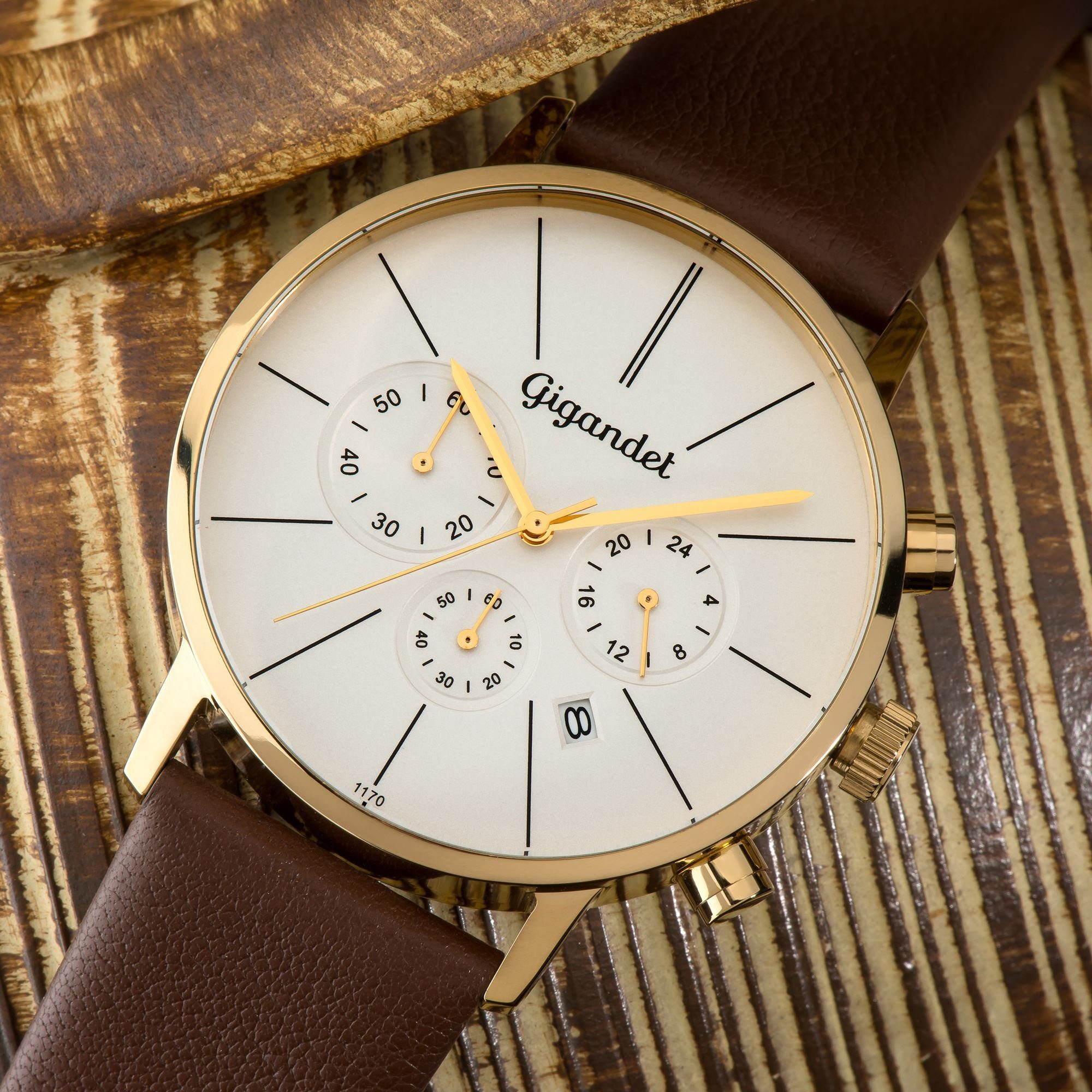 Gigandet Chronograph MINIMALISM Armbanduhr Uhr Damenuhr Herrenuhr Unisex weiß gold braun G32-003, Lederarmband, Edelstahlgehäuse, 3ATM wasserdicht, Modell G32-003
