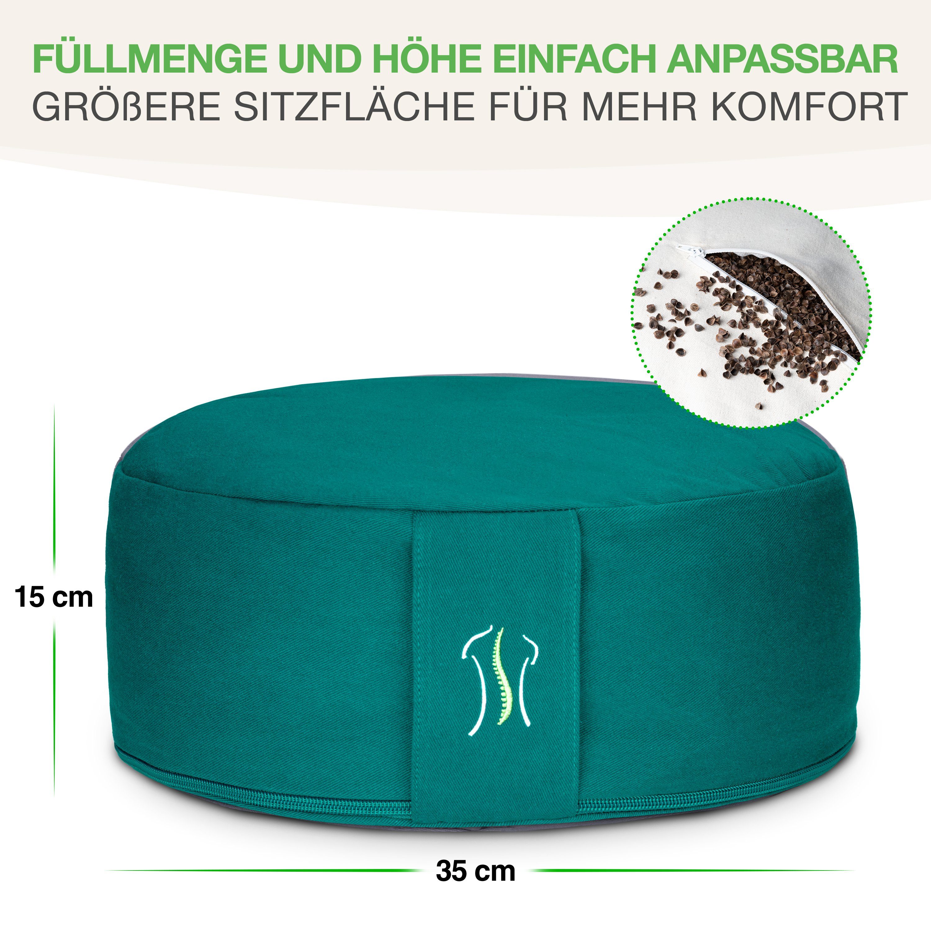 BACKLAxx® Meditationskissen rund 35 cm XL – Yoga Kissen mit formstabiler Buchweizenfüllung, für Meditation & Entspannung – Sitzkissen