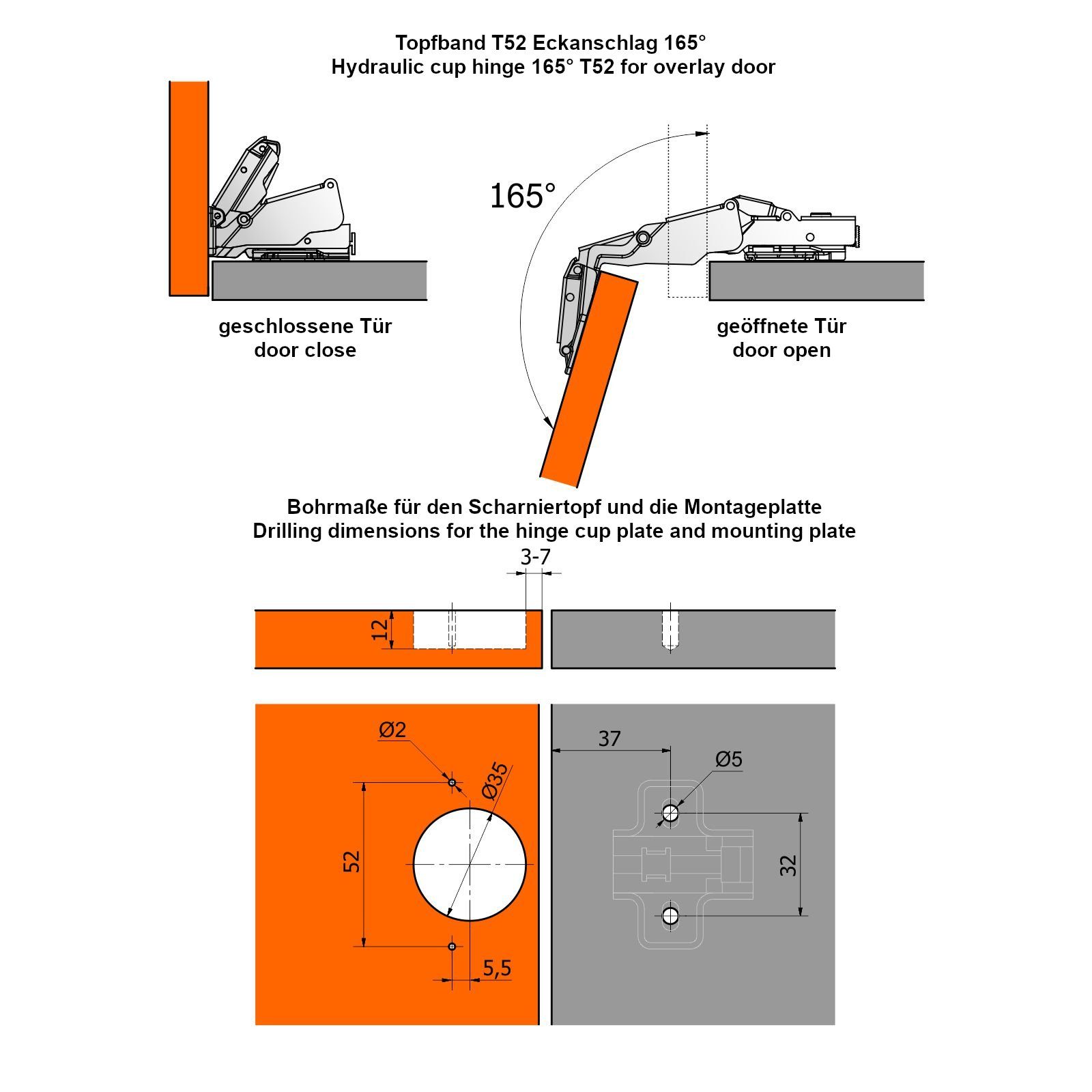 SO-TECH® Möbelbeschlag Weitwinkelscharniere T52 Weitwinkel-Topfband (2 165° Montageplatte Topfscharnier mit St), inkl. Soft-Close Eckanschlag