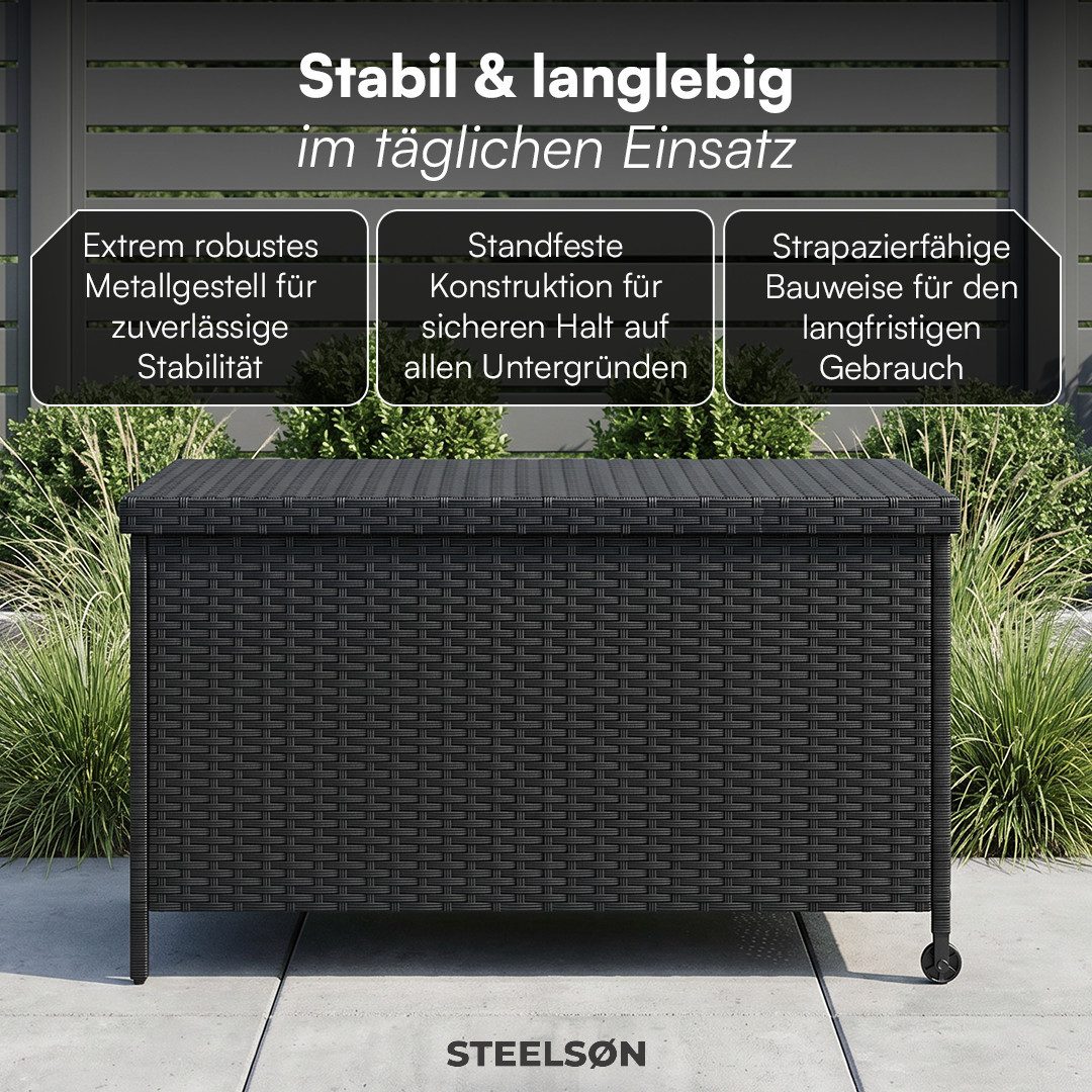 STEELSØN Aufbewahrungsbox Serion Gartenkiste aus Polyrattan (schwarz, 110 x 55 x 60 cm, mit Rollen), herausnehmbare Innenplane, wetterfeste Gartenbox mit Metallgestell