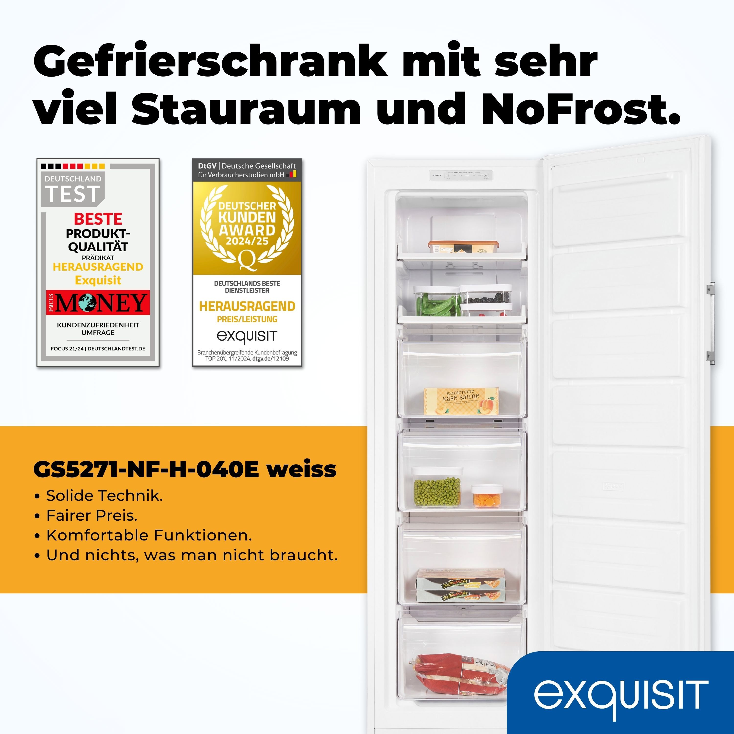 exquisit Gefrierschrank GS5271-NF-H-040E weiss, 170 cm hoch, 54.5 cm breit, 204 Liter Nutzinhalt, 4-Sterne-Gefrieren, No-Frost