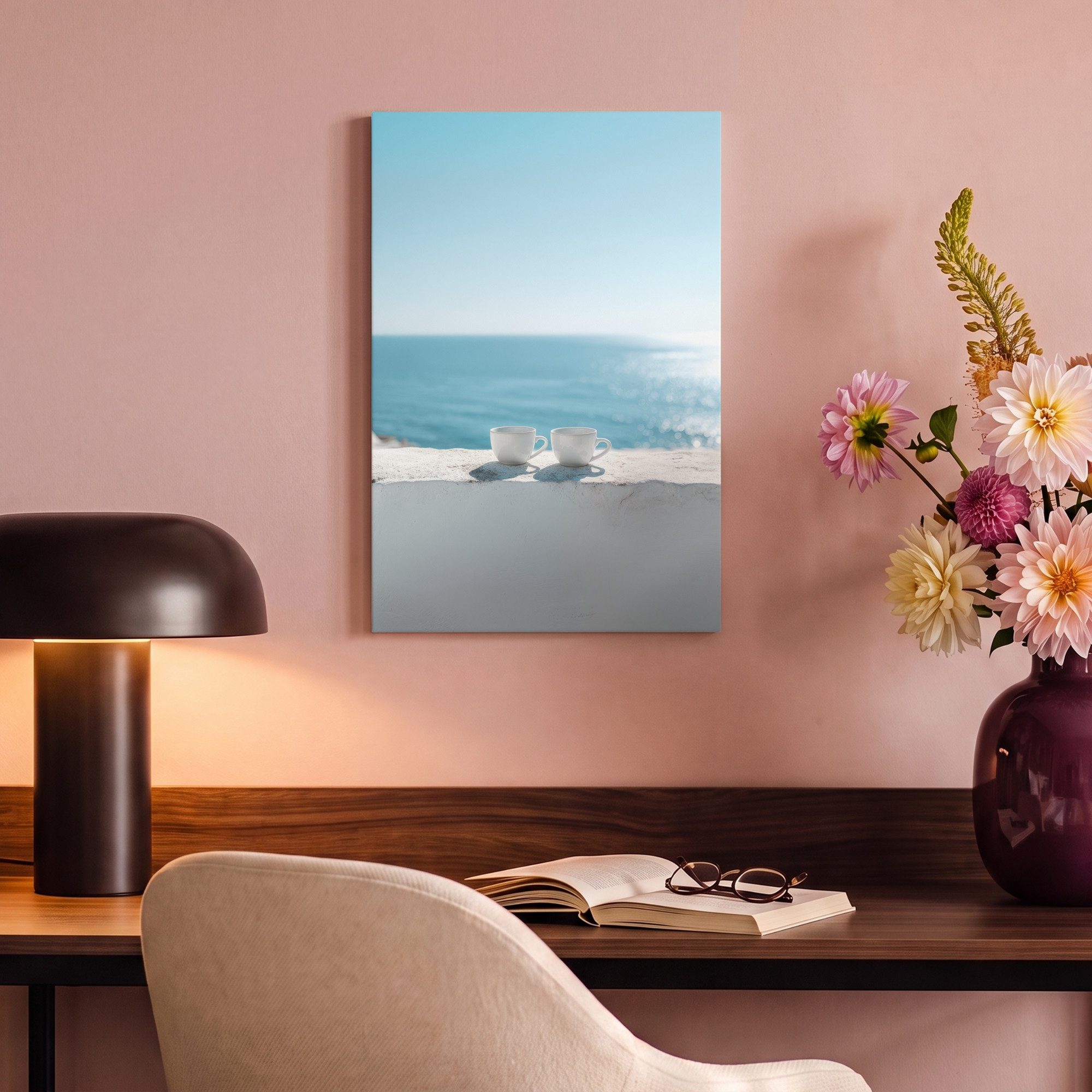 OneMillionCanvasses® Leinwandbild Meer - Kaffeetassen - Sommerlich, Fotodruck (1 St), Leinwand Bilder Klein, Wand Dekoration Aesthetic 30x20 cm – Bild 4 von 5