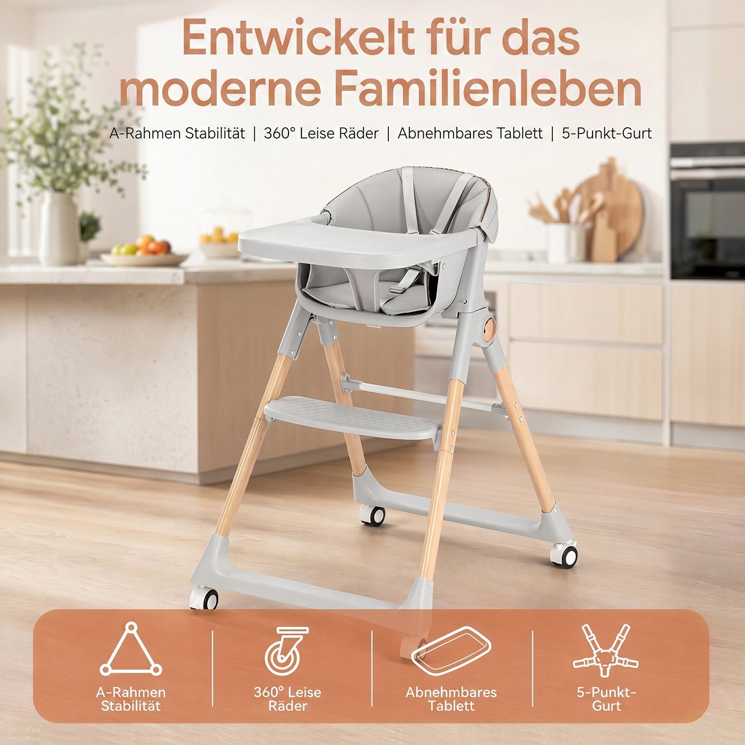 oyajia Hochstuhl Kinderstuhl Stuhl Baby Kinderstuhl Klappbar mit Esstablett (Babystuhl mit Tablett und 5-Punkt-Gurt, Fußstütze, Einfach zu Reinigen), ab 6 Monaten bis 3 Jahren