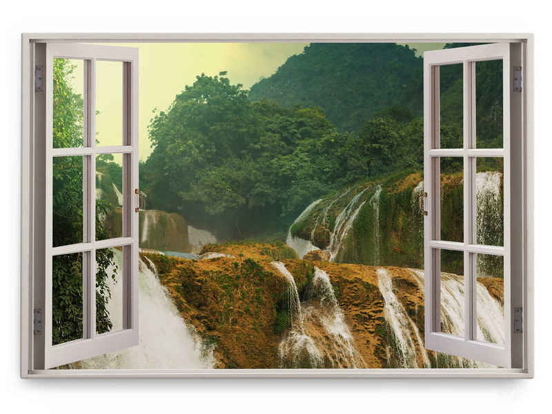 Sinus Art Leinwandbild Wandbild 120x80cm Fensterbild Tropische Landschaft Wasserfälle Wasser, (1 St)