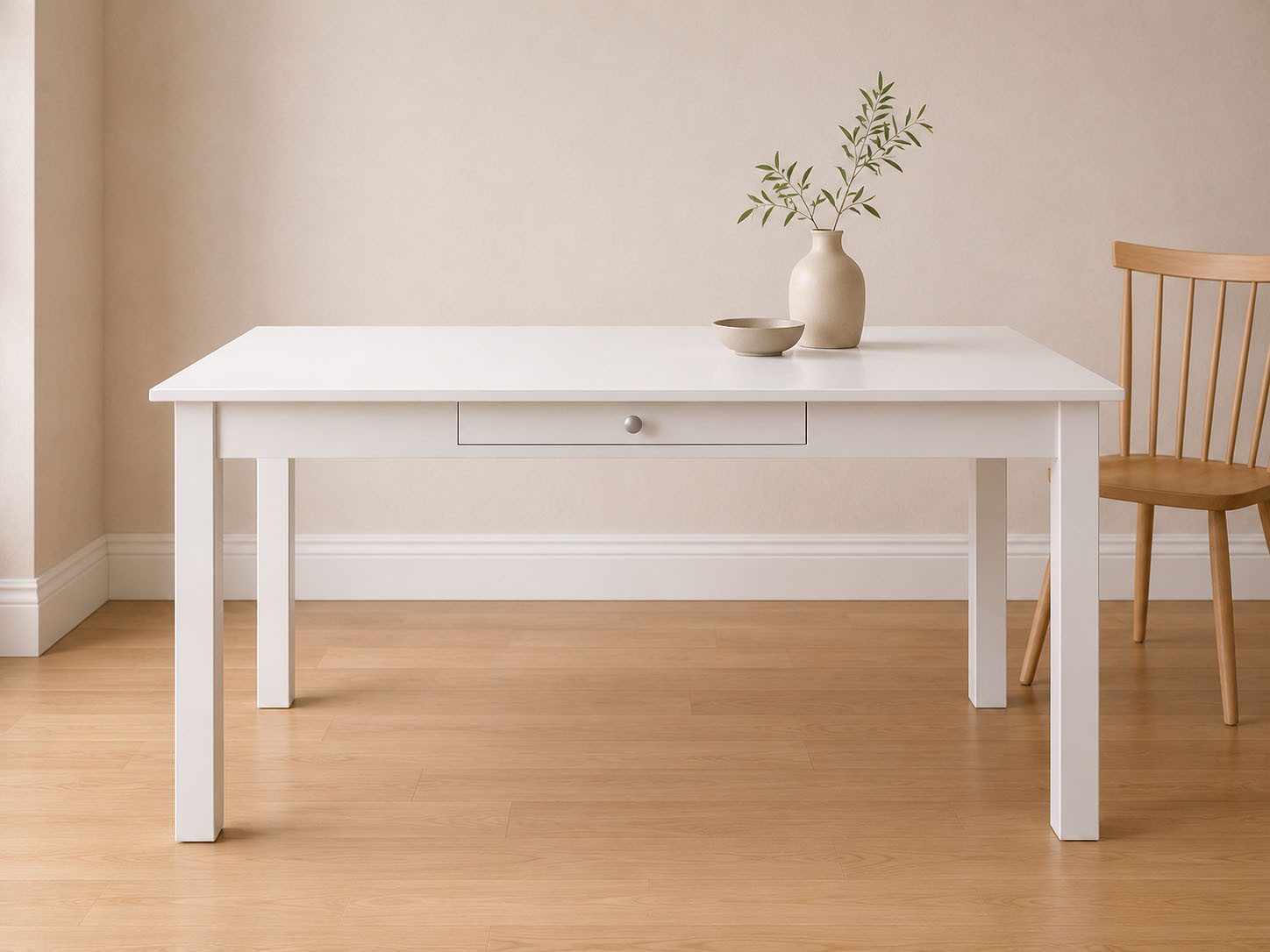 Inter Link Esstisch Pinora aus massiver Kiefer, weiss lackiert, 145 x 80 x 78 cm (1-St), Esszimmertisch im modernem Skandi Look, mit Schublade