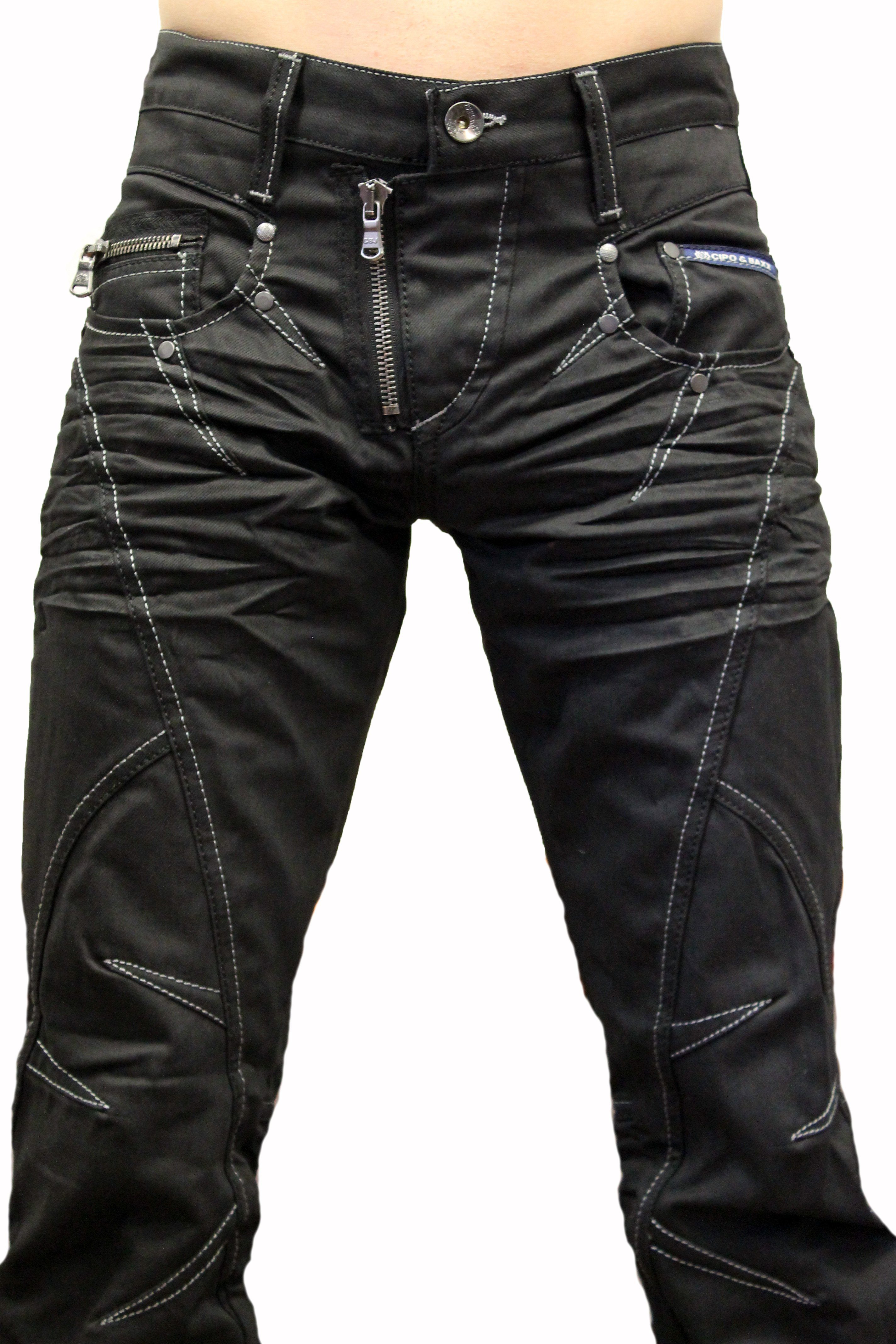 Weiße und stylische und Hose gewachster mit Kontrastnähte Regular-fit-Jeans Herren Cipo & ausgefallenem Design Jeans Waschung Zipper Baxx