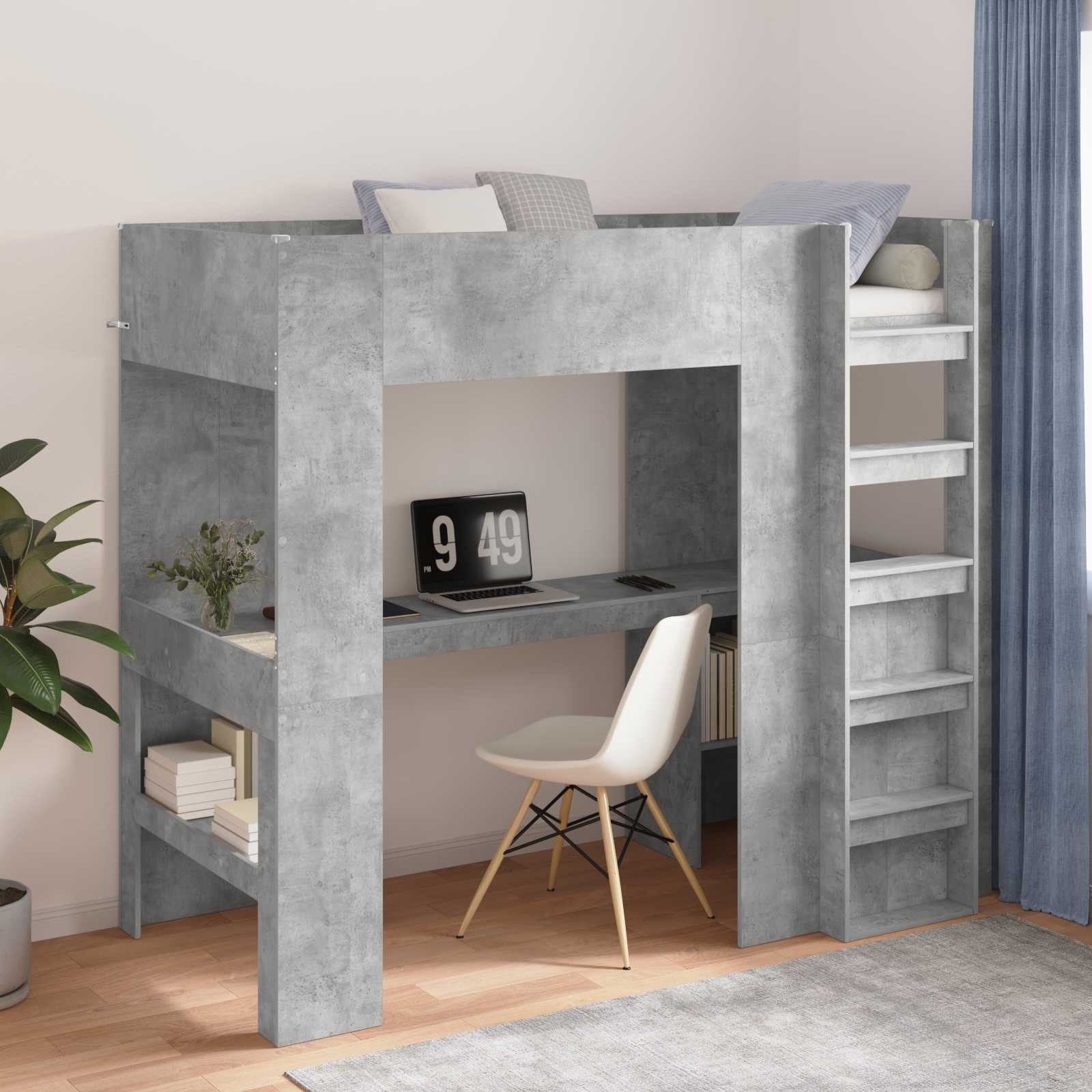 furnicato Bett Etagenbett mit Schreibtisch 100 x 200 cm Beton Grau, Hochbett mit integriertem Schreibtisch, Regalen und Sicherheitsgitter