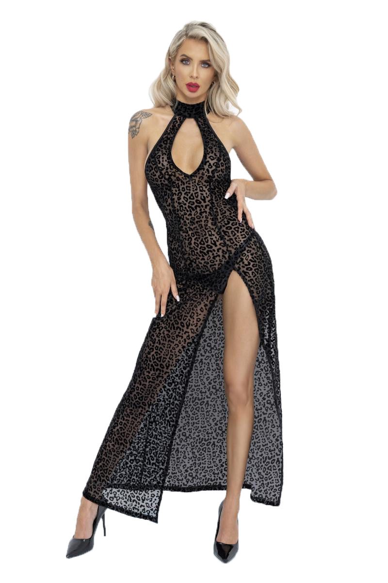 Minikleid Langes schwarzes Flockkleid im Leoparden Look mit Schlitz Neckholder