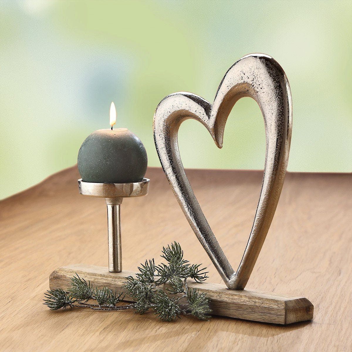 Teelichthalter Herz Stand-Deko silber/n Kerzenhalter GILDE mit Mangoholz Alu Dekoobjekt
