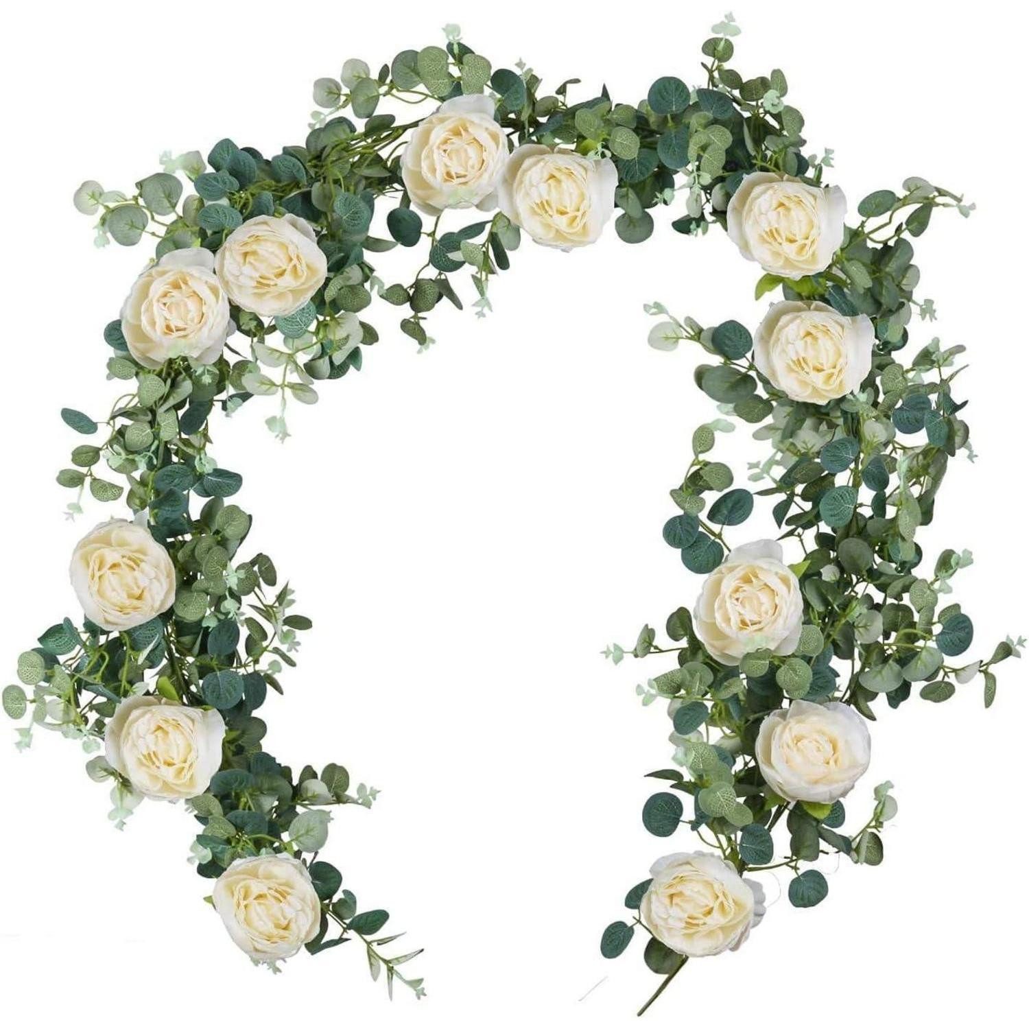 Kunstgirlande Blumengirlande Künstlich 185cm Champagner Pfingstrosen Eukalyptus, LuxusKollektion, Höhe 30 cm