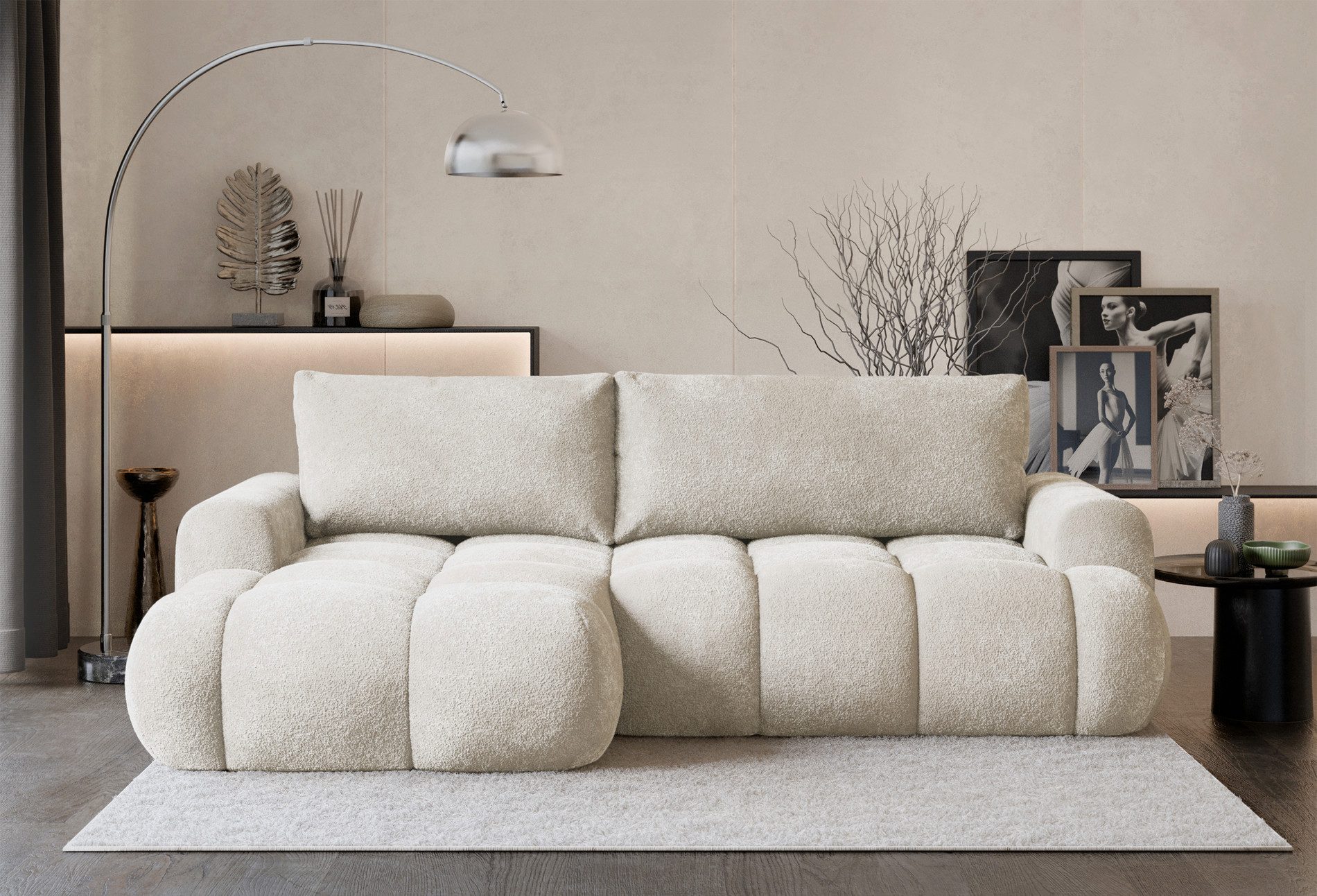 Selsey Ecksofa OMBO MINI, Ecksofa mit Schlaffunktion & Bettkasten, Bouclé, 246 cm
