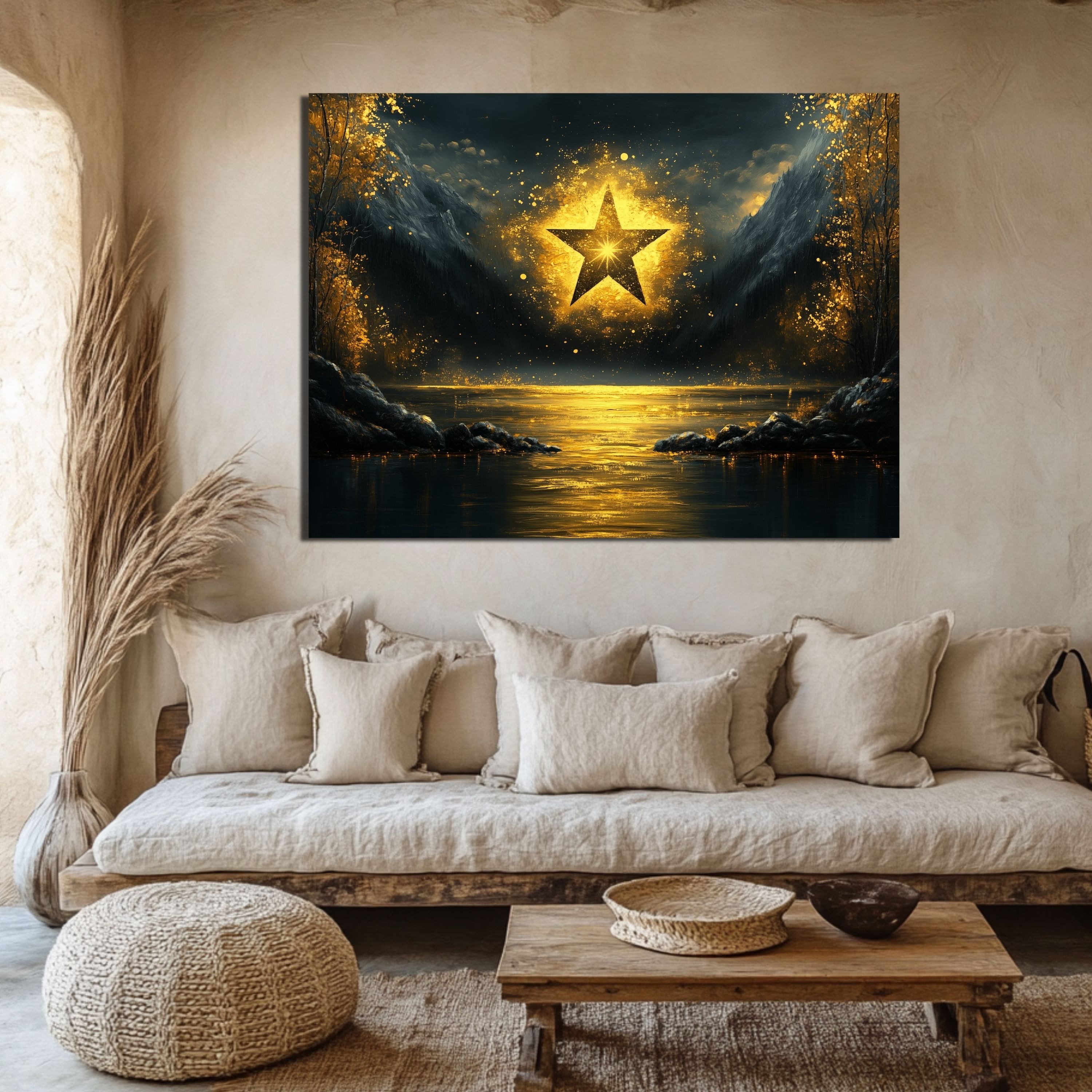 DARO Design Leinwandbild Modern Abstrakt Wandbilder XXL Wandbild Wand Deko Leinwand Bilder, (schwarzer Stern - Bild groß Wohnzimmer Schlafzimmer Küche Esszimmer Einteilig Querformat Fotodruck Leinwände Wanddeko Abstrakte Kunst Boho), 30x20cm