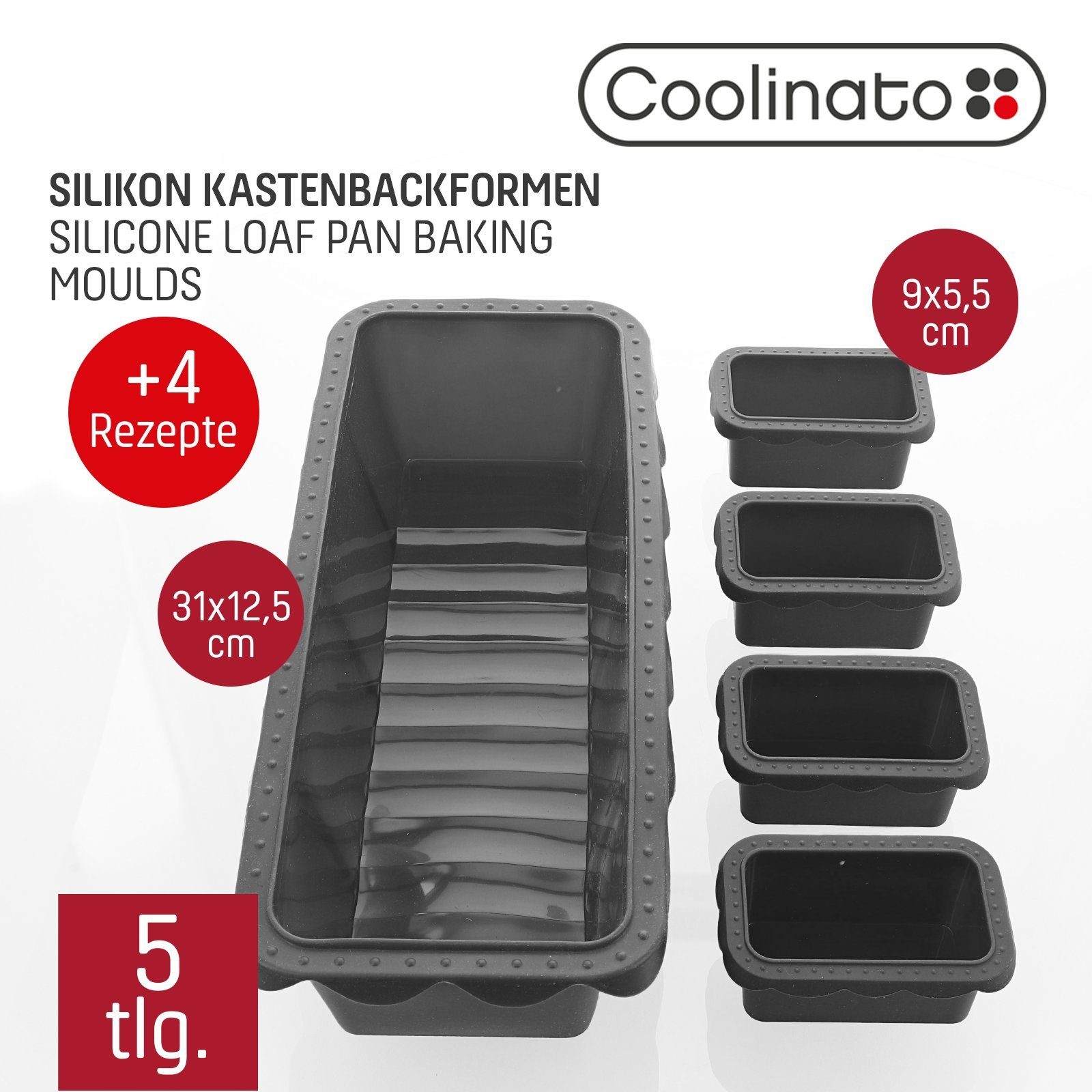 GRAU, 5tlg, Backform Kastenform Set Rezepte inkl. Coolinato Silikon Coolinato