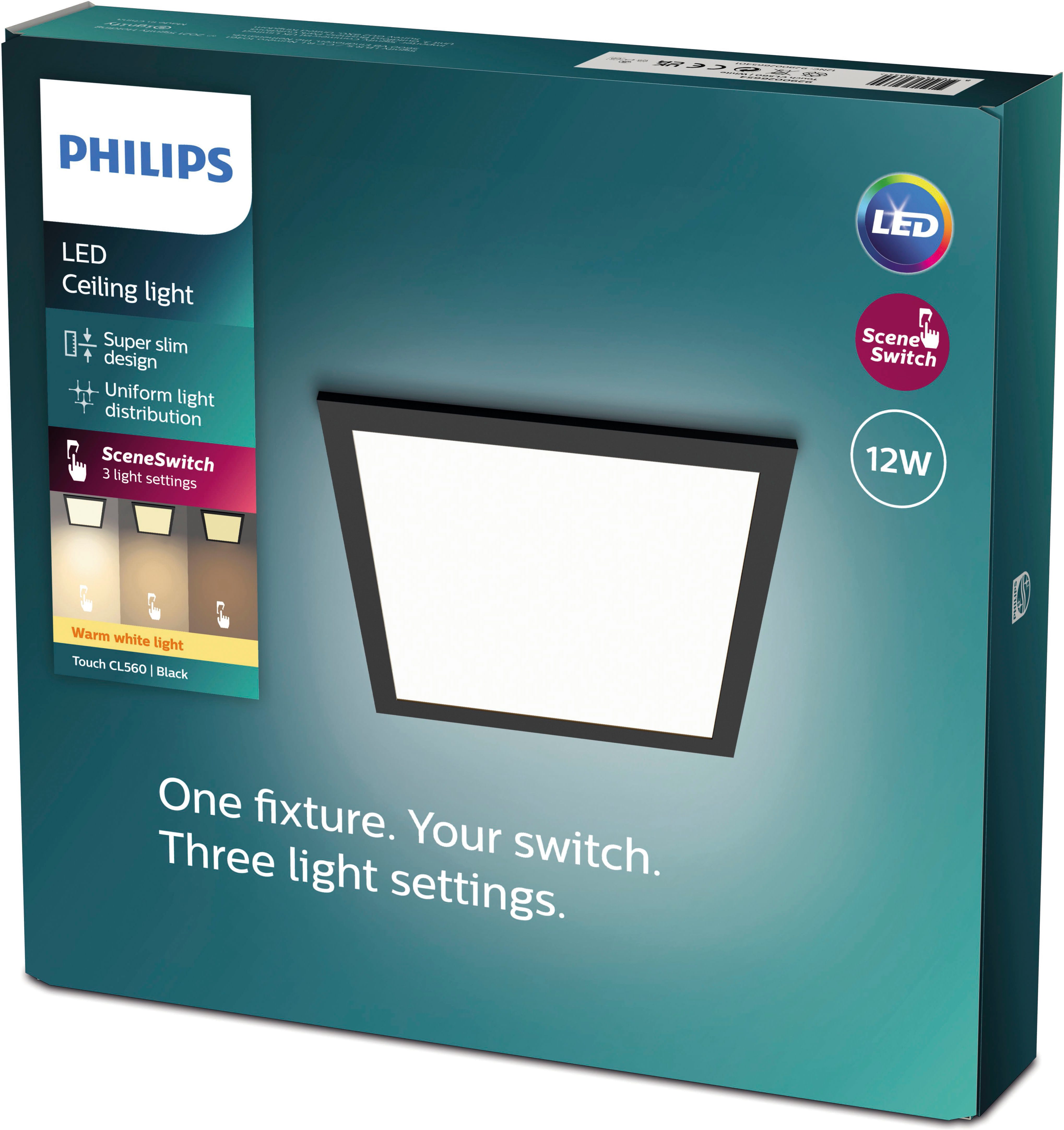 Philips LED Deckenleuchte Touch SceneSwitch quadratisch 12W 2700K schwarz, LED fest integriert, Warmweiß
