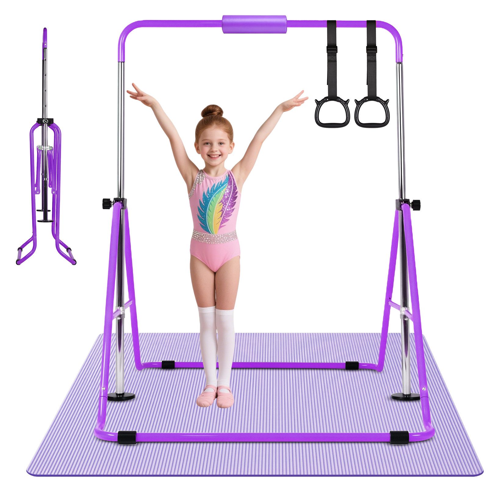 Hausright Turnreck Gymnastikstange für Kinder, Turnstange ab 3 Jahre, 88-128cm, (Gymnastikstange mit Gymnastikmatte, Reckstange, Matte, Polster, Schaukel & 2 Ringen), Verstellbaren Höhen Faltbare Reckstange Reckanlage