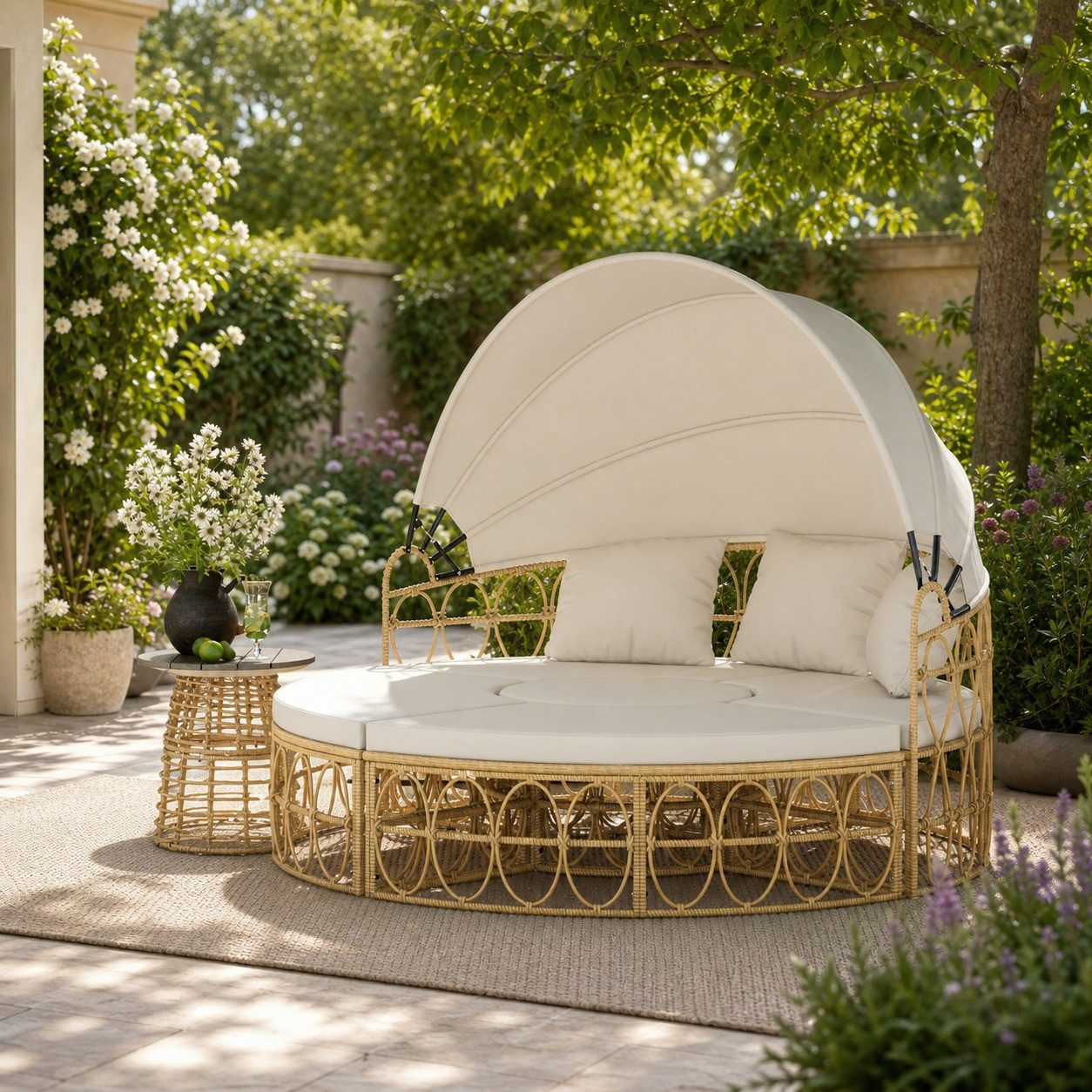 MODFU Sonneninsel 4-teilige Sonneninsel Rattanoptik Beige 178B x 85T x 66,5H cm, Outdoor Loungemöbel für Terrasse, Balkon und Gartenbereich 4 Teile, Garten Lounge mit ausziehbarem Dach und 5 Kissen Set