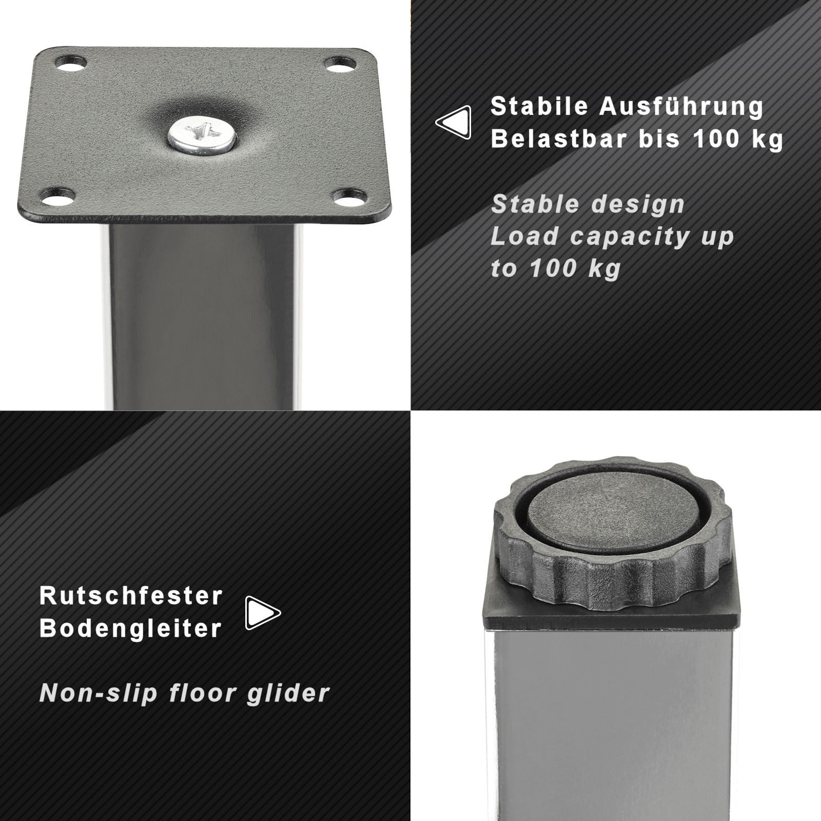 SO-TECH® Möbelfuß ZULU 38 x 38 mm 100 - 150 mm, belastbar bis 100 kg pro Fuß, (1-St), Vitrinenfuß Sockelfuß Schrankfuß Höhe 100 mm Chrom poliert