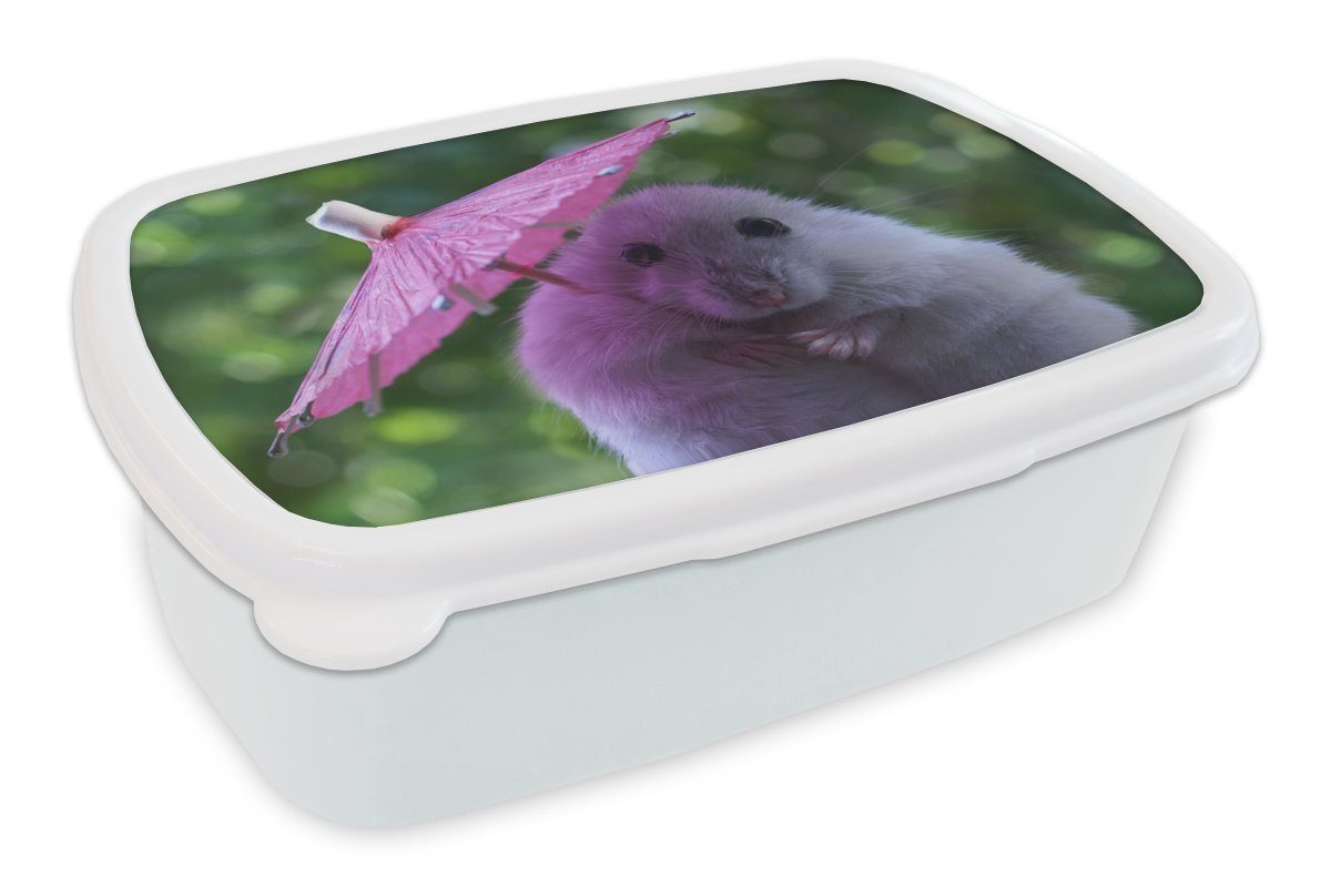 MuchoWow Lunchbox Hamster mit rosa Sonnenschirm, Kunststoff, (2-tlg), Brotbox für Kinder und Erwachsene, Brotdose, für Jungs und Mädchen weiß