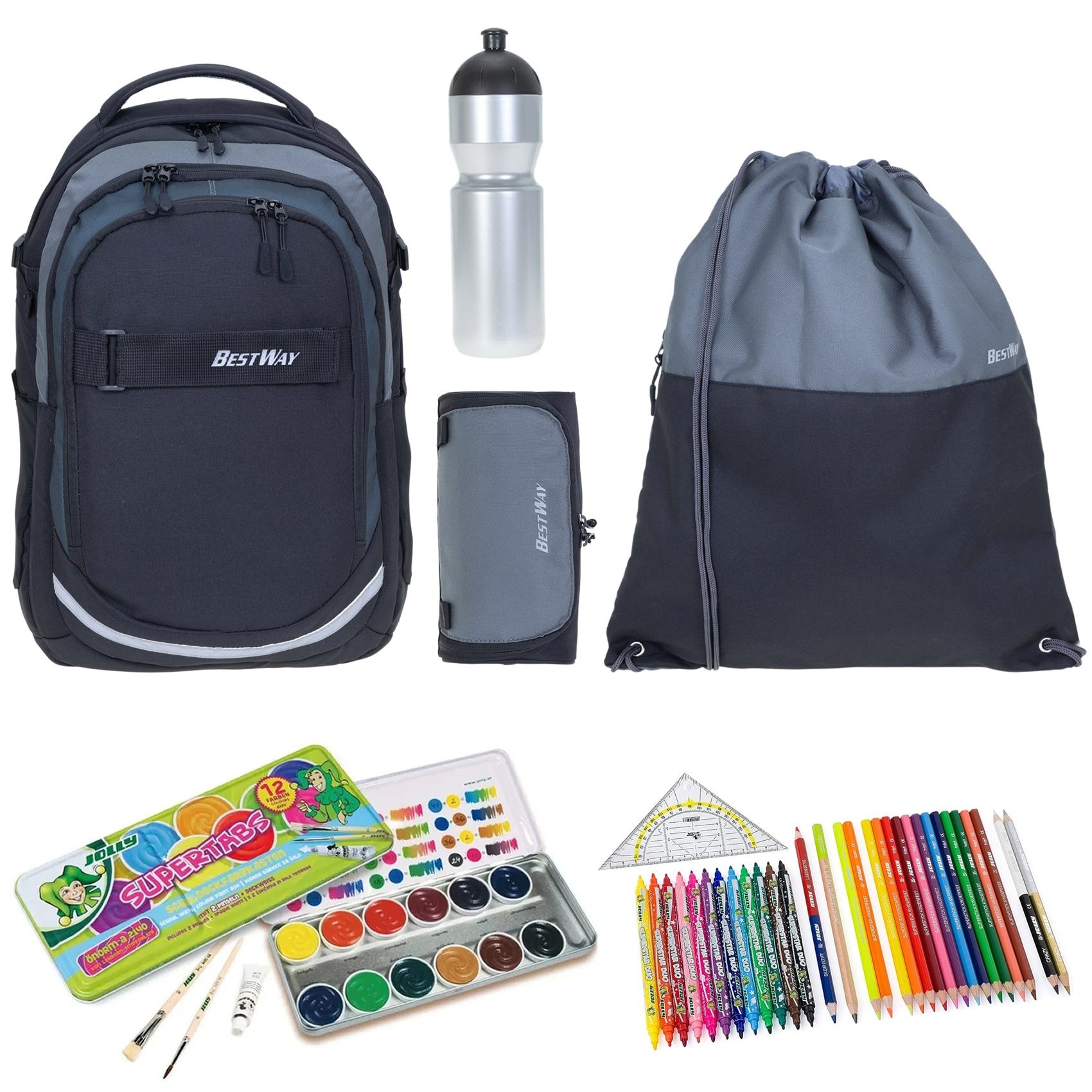 BESTWAY Schulrucksack Jungen Schulrucksackset Rucksack Evolution Air 40177 (Set, Sportbeutel, Mäppchen, Mäppchenfüllung, Farbkasten, Flasche), Schultasche Daypack Schule ab 3. Klasse Mega Set rtm kfv