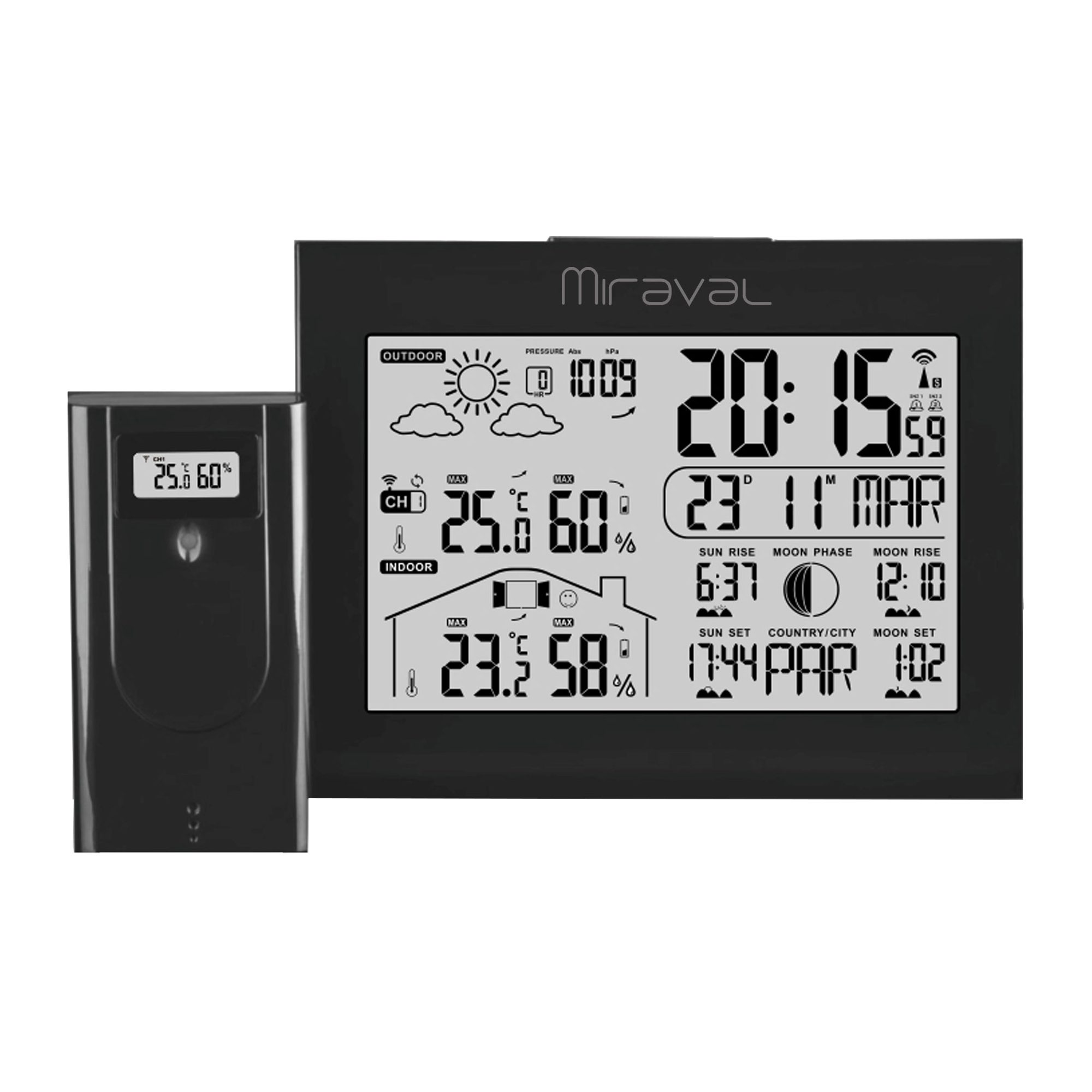 Miraval LCD Funk-Wetterstation mit Außensenor Funkwetterstation (Temperaturanzeige Datumsanzeige Alarm Displaybeleuchtung Hygrometer)
