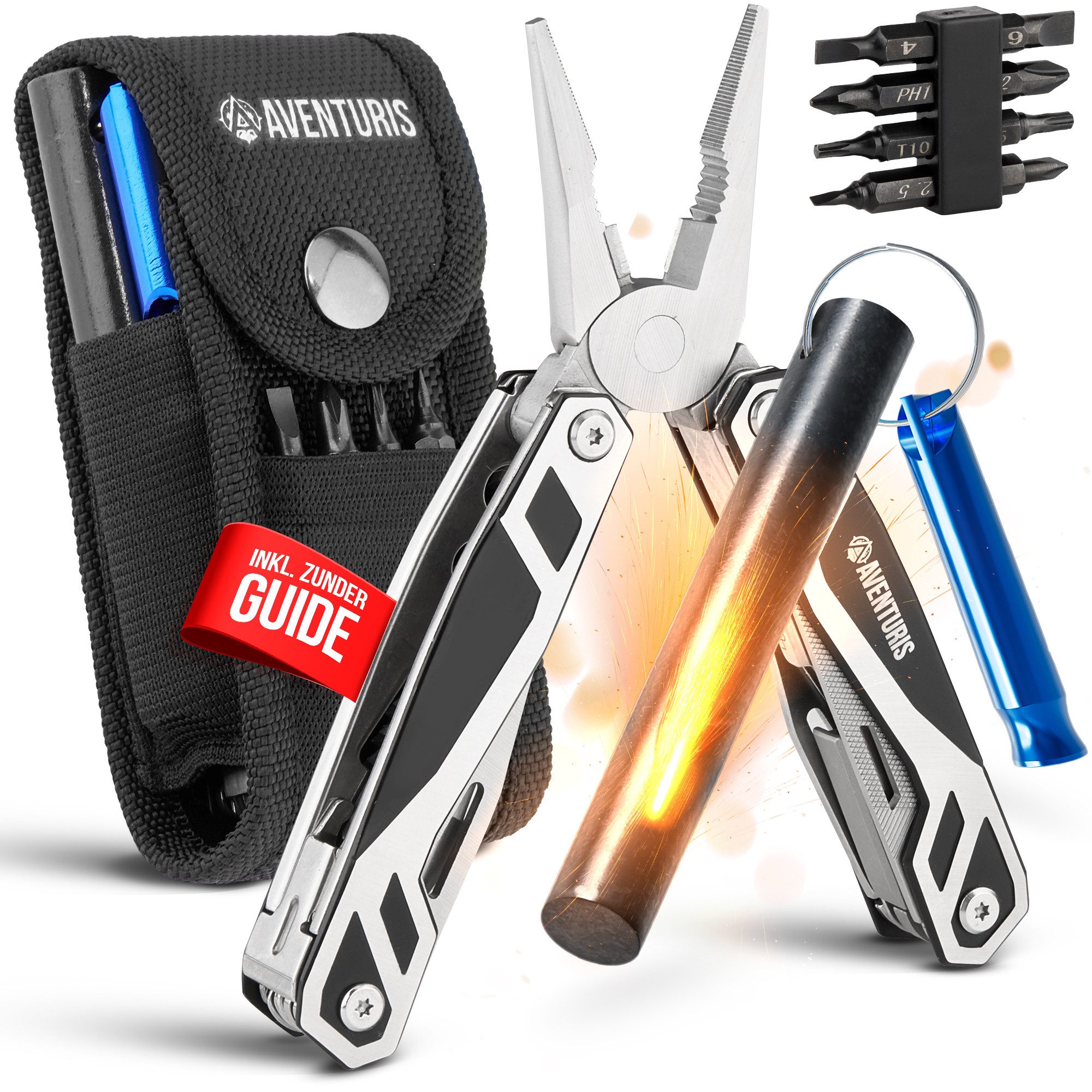 AVENTURIS Multitool T12 aus Edelstahl mit 21 Funktionen! Perfektes Outdoor Camping Zubehör, (1 St), Edelstahl