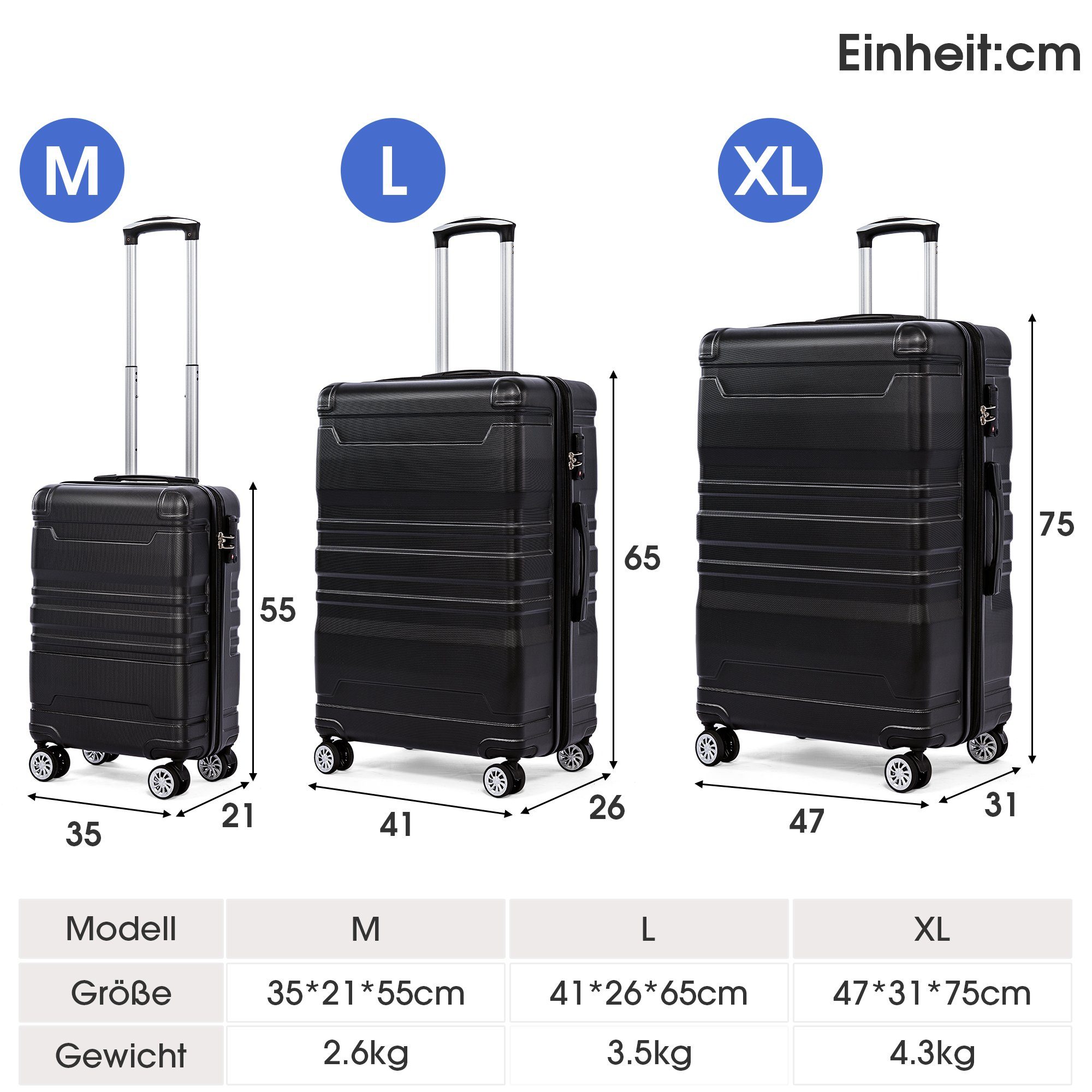 Flieks Trolleyset, 4 Rollen, (3 Erweiterung Koffer Schwarz tlg, Handgepäck Set Reisekoffer tlg), Hartschalen Trolley 3