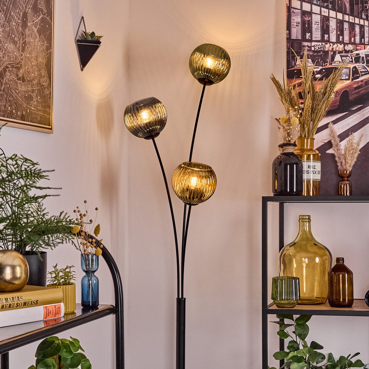 hofstein Stehlampe Stehlampe aus Metall/Riffelglas in Schwarz/Grün/Blau/Goldfarben, Stehleuchte Retro/Vintage, Ø Schirme 15 cm, Fußschalter, 170 cm, E14