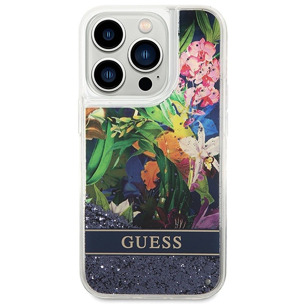 Guess Handyhülle Glitzerhülle Blumenmotiv Schutzschale 6,7 Zoll, Blumenmotiv, Glitzereffekt, transparente Rückseite