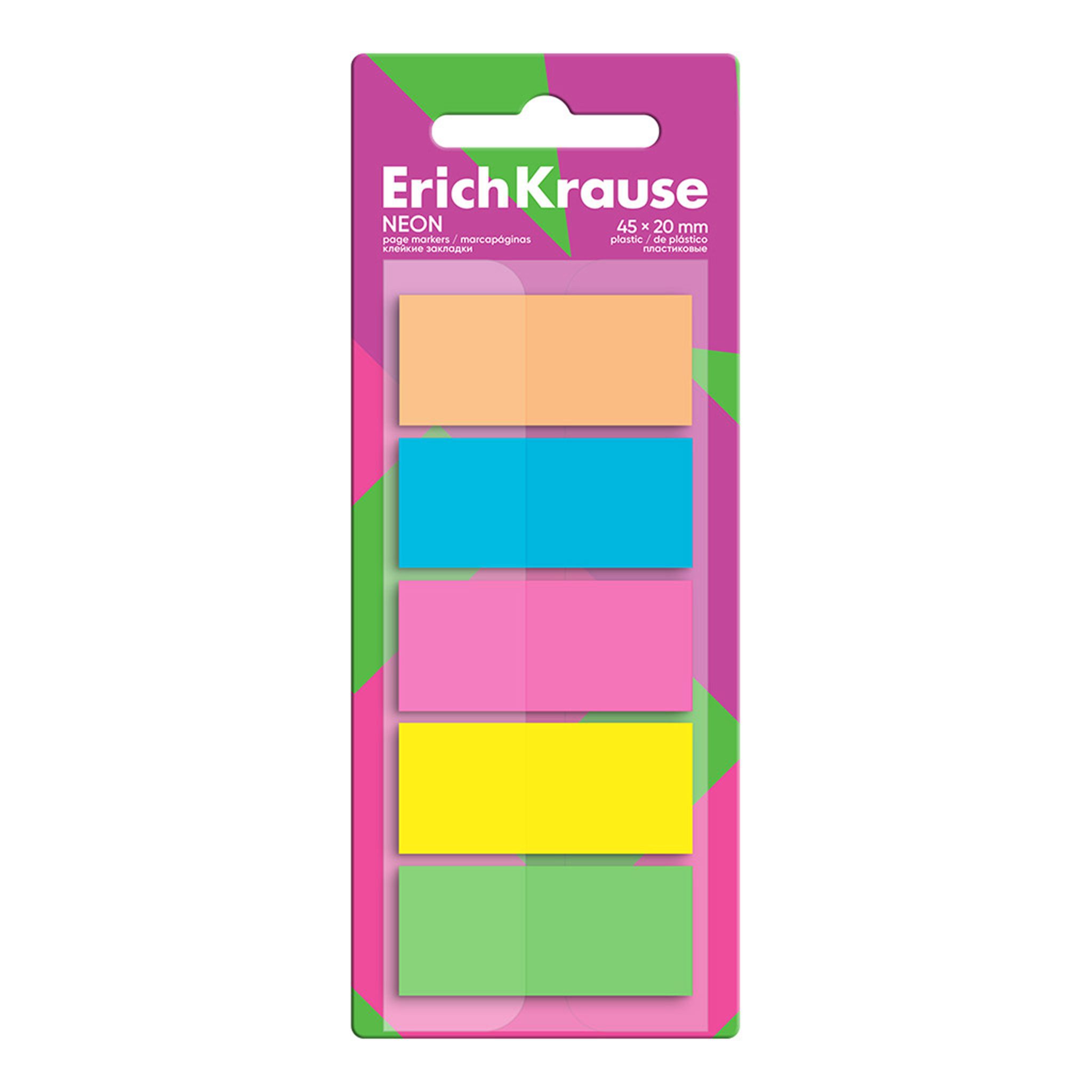 Erich Krause Haftnotizblock, Seitenmarker 20mm Neon Plastik beschriftbar & wiederablösbar 100 Blatt