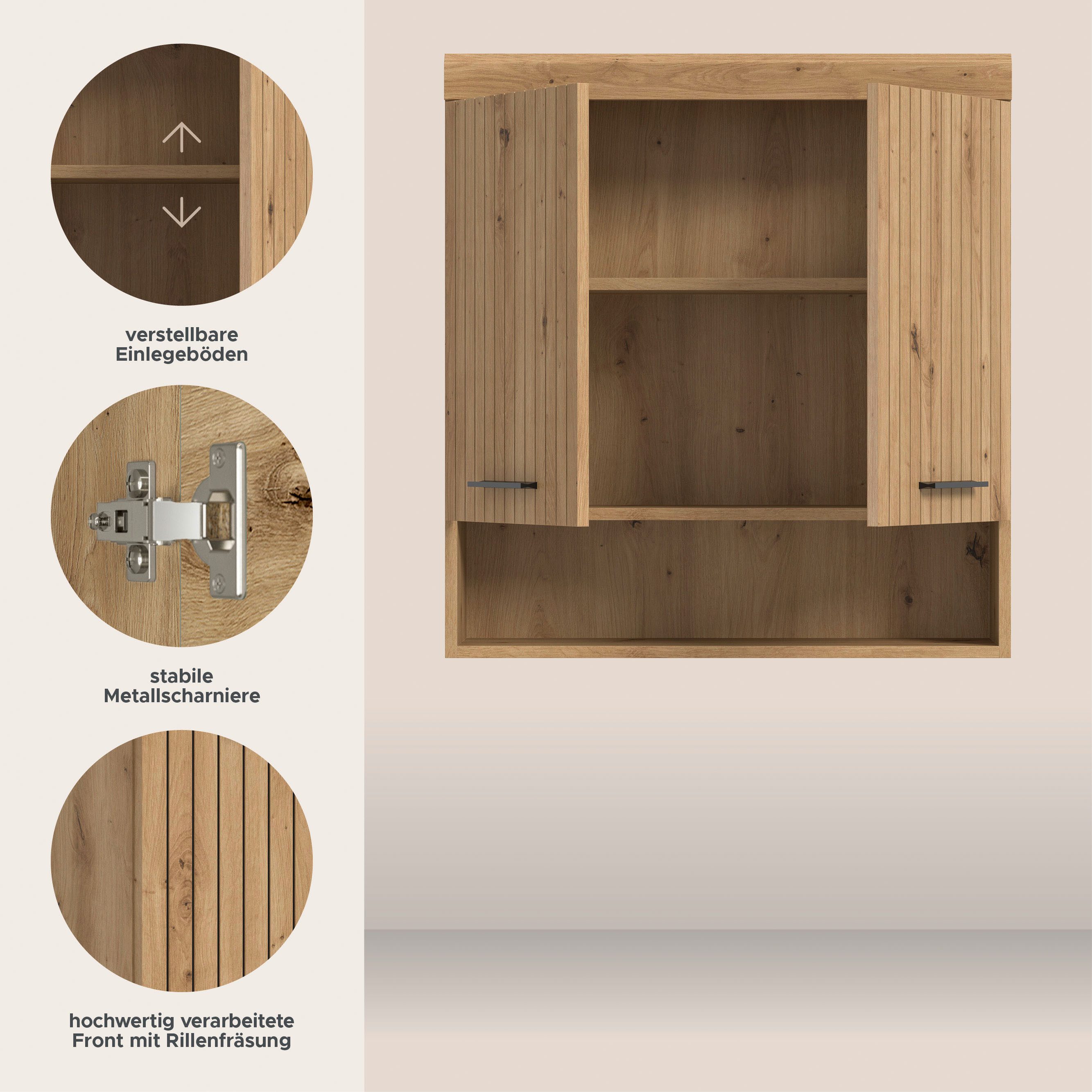 welltime Hängeschrank SIENA, Breite 74cm, 2 Türen, 1 offenes Fächer, MDF-Front (TOPSELLER) in verschiedenen Farben erhältlich, Badmöbel, Badschrank, Schrank, Bad
