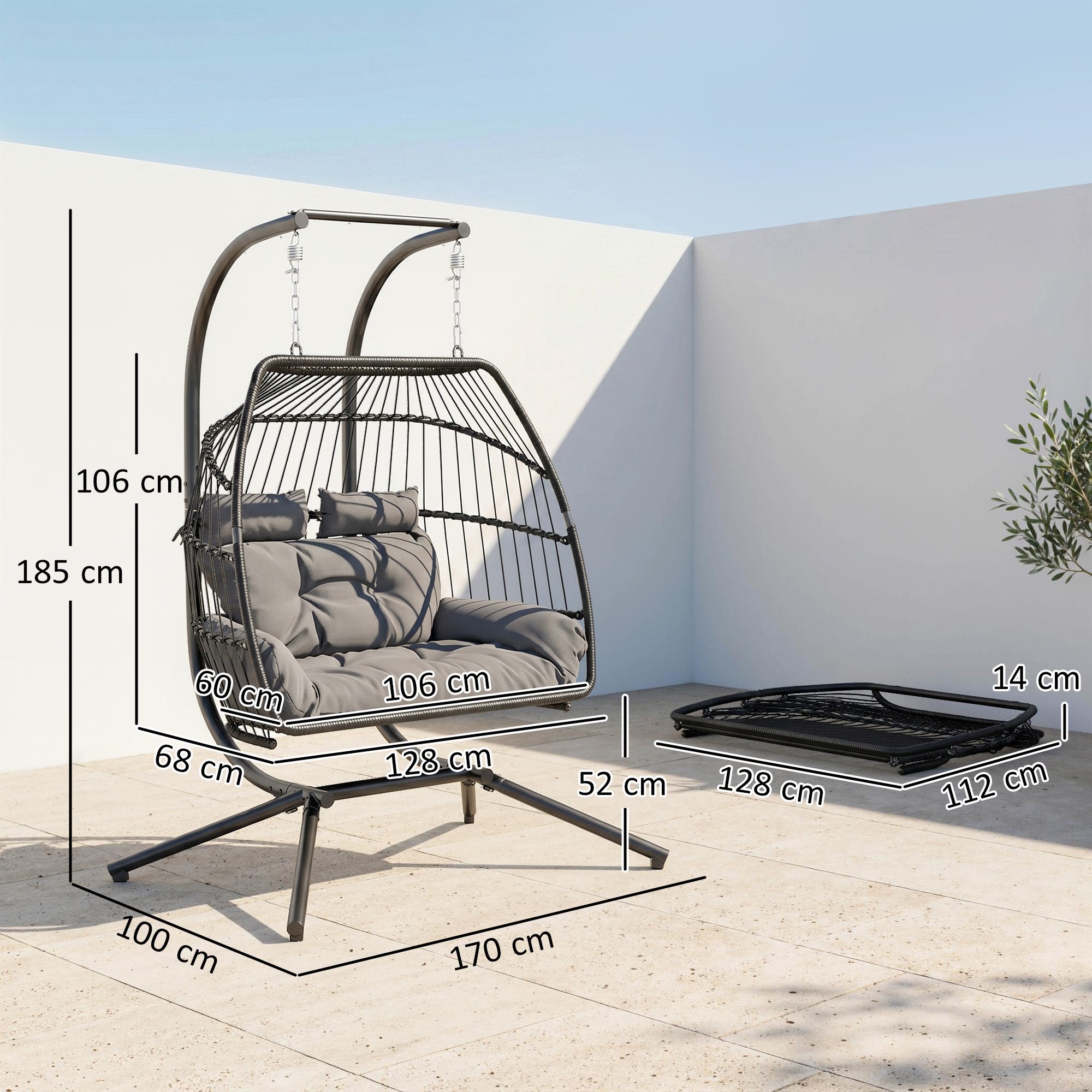 Outsunny Schaukelstuhl mit Kissen, ergonomisch, für 2 Personen (faltbar Hängesessel mit Gestell, 1 St), belastbar bis 260kg, für Balkon, Terrasse, Dunkelgrau