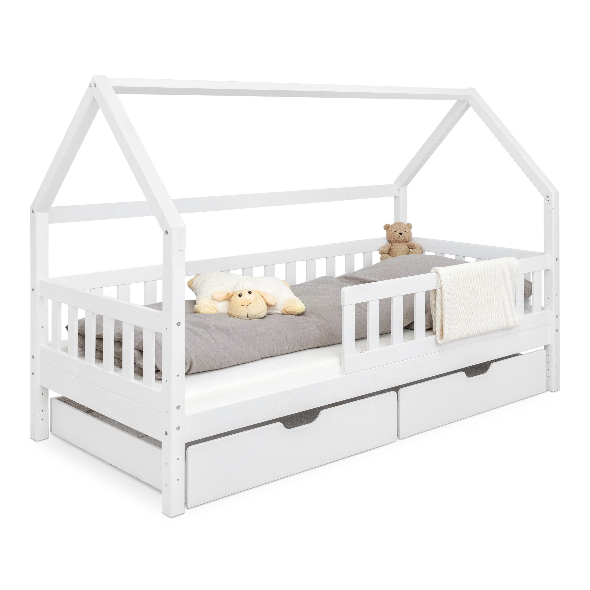 Ehrenkind Hausbett Lille aus massivem Kiefernholz inkl. Rausfallschutz und Rollrost (90x200 Weiß, Hausbett mit optionalem Stauraum), 2 in 1 Aufbau bodentief oder Standardhöhe