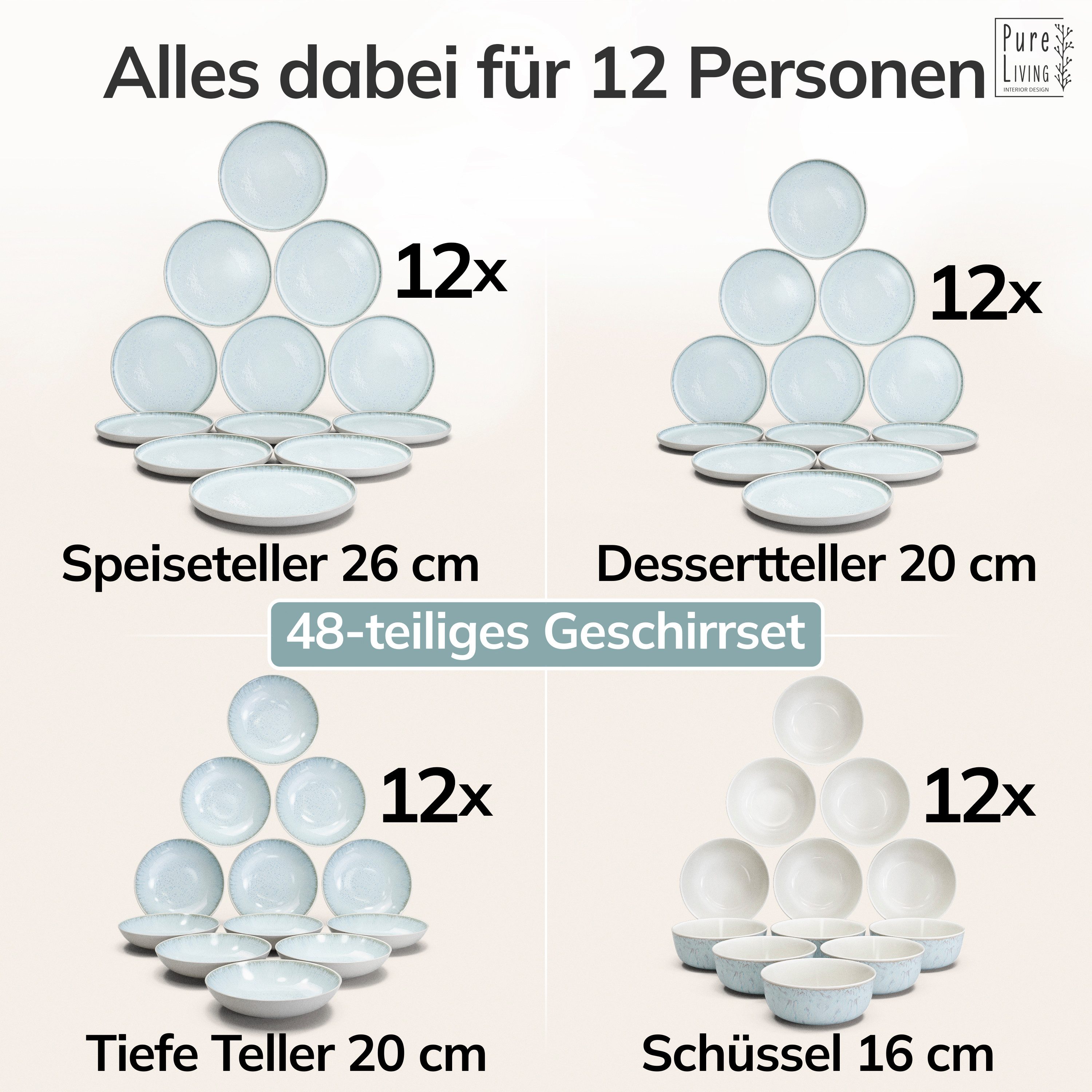 PURE LIVING INTERIOR DESIGN Geschirr-Set Ibiza aus Steingut, 48-tlg., für 12 Personen, Beige Blau (48-tlg), 12 Personen, Steingut – Bild 5 von 5