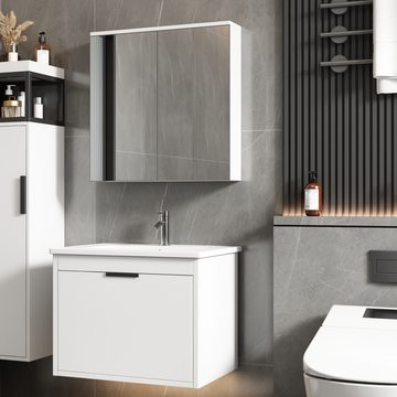 PFCTART Badezimmer-Set Waschbeckenunterschrank hängend 60cm breit, (1x Waschtischunterschrank 1x Waschbecken 1x Badezimmerspiegel), mit Keramikwaschbecken Spiegelschrank weiß