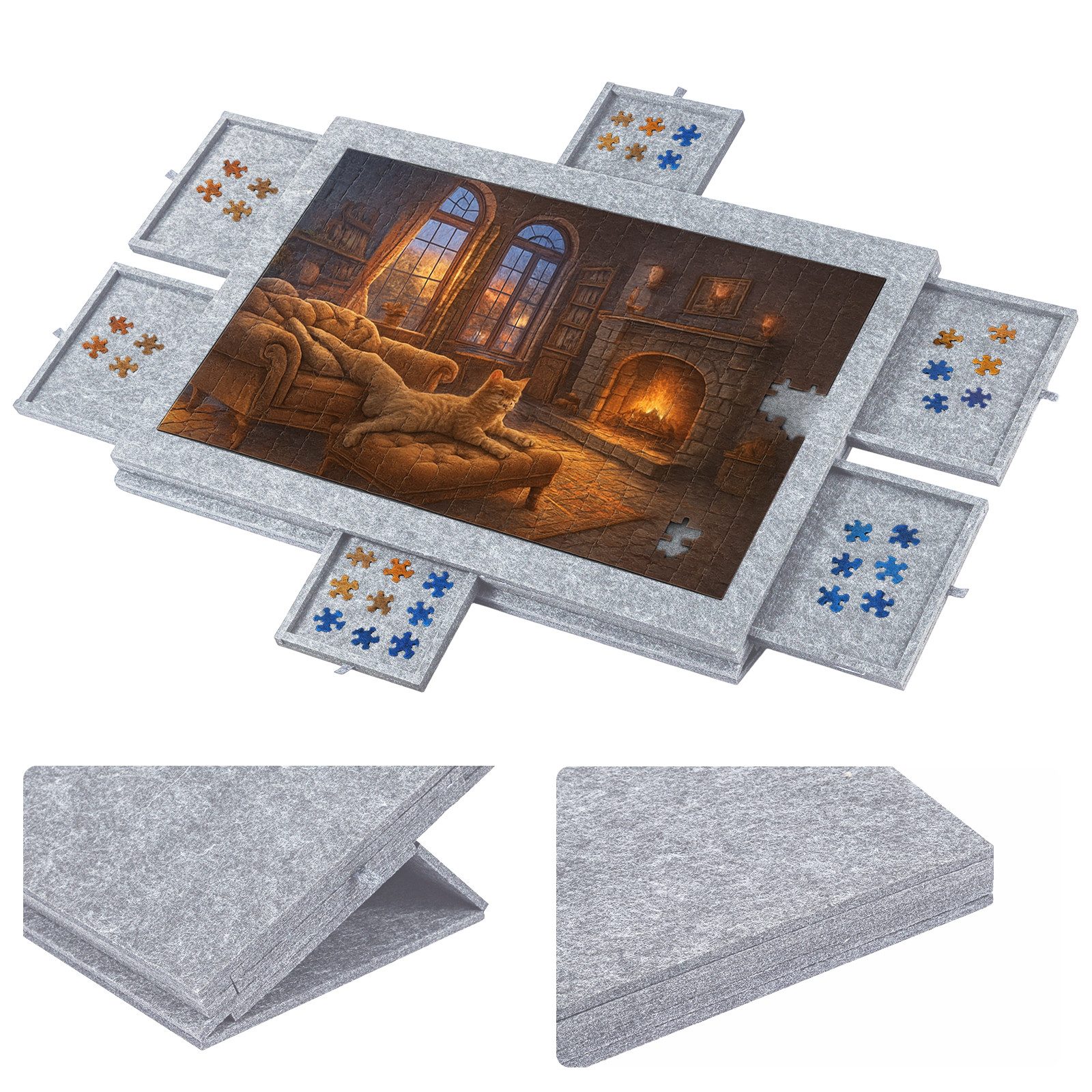 Youyijia Puzzlematte Puzzlebrett mit 6 Schubladen und Abdeckung, Tragbare Puzzleunterlage