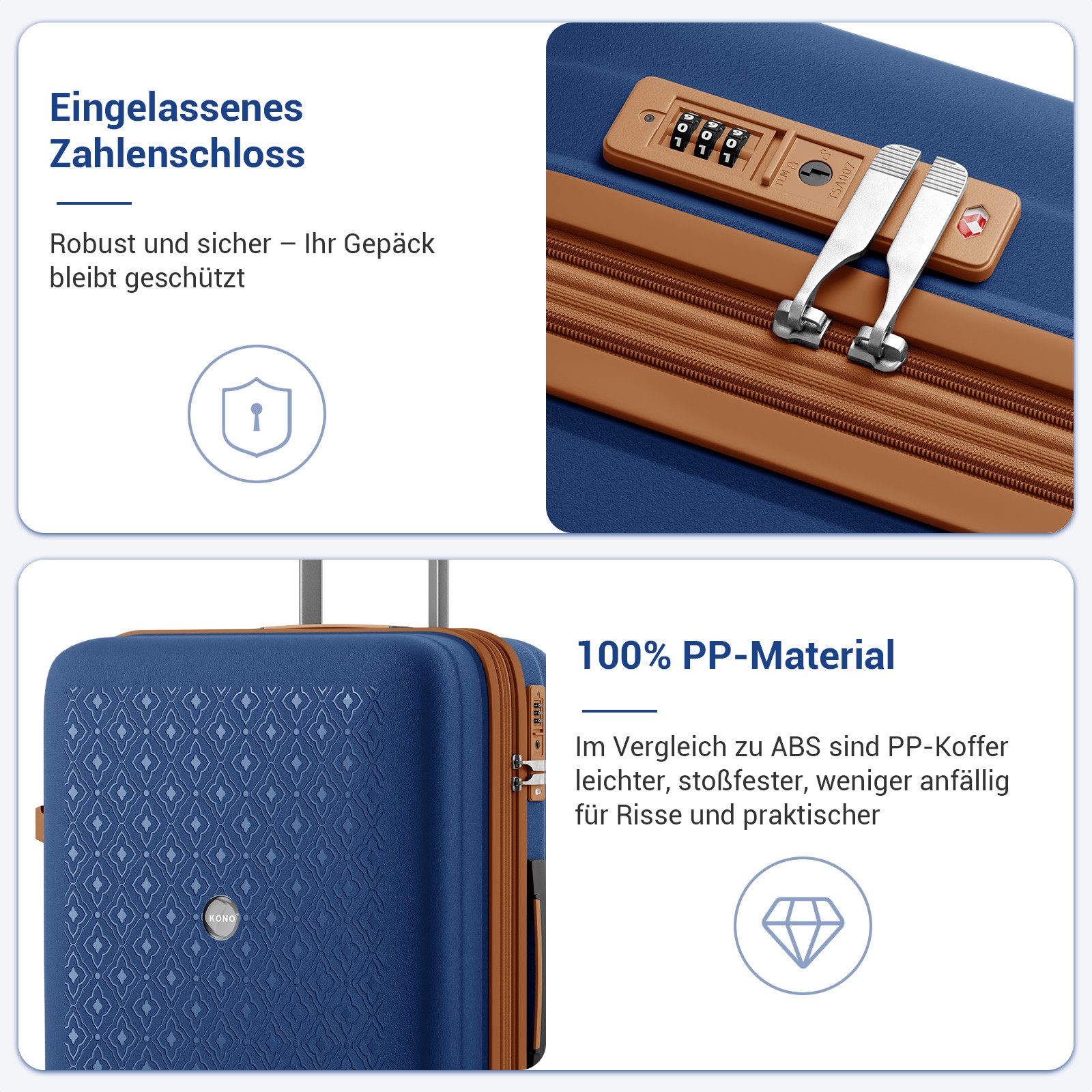 KONO Business-Koffer Premium Reisekoffer Ultimate – Leichter PP-Koffer mit 360° Rollen, 4 Rollen