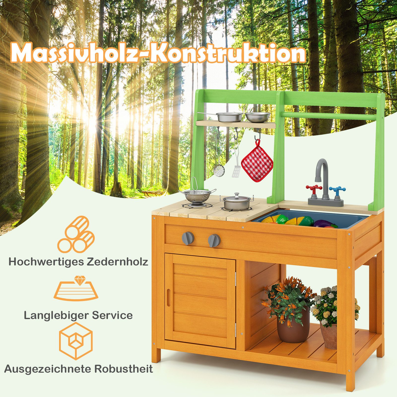 COSTWAY Outdoor-Spielküche Holz, Kunststoff, mit realistischen Kochutensilien für Kinder ab 3 Jahren