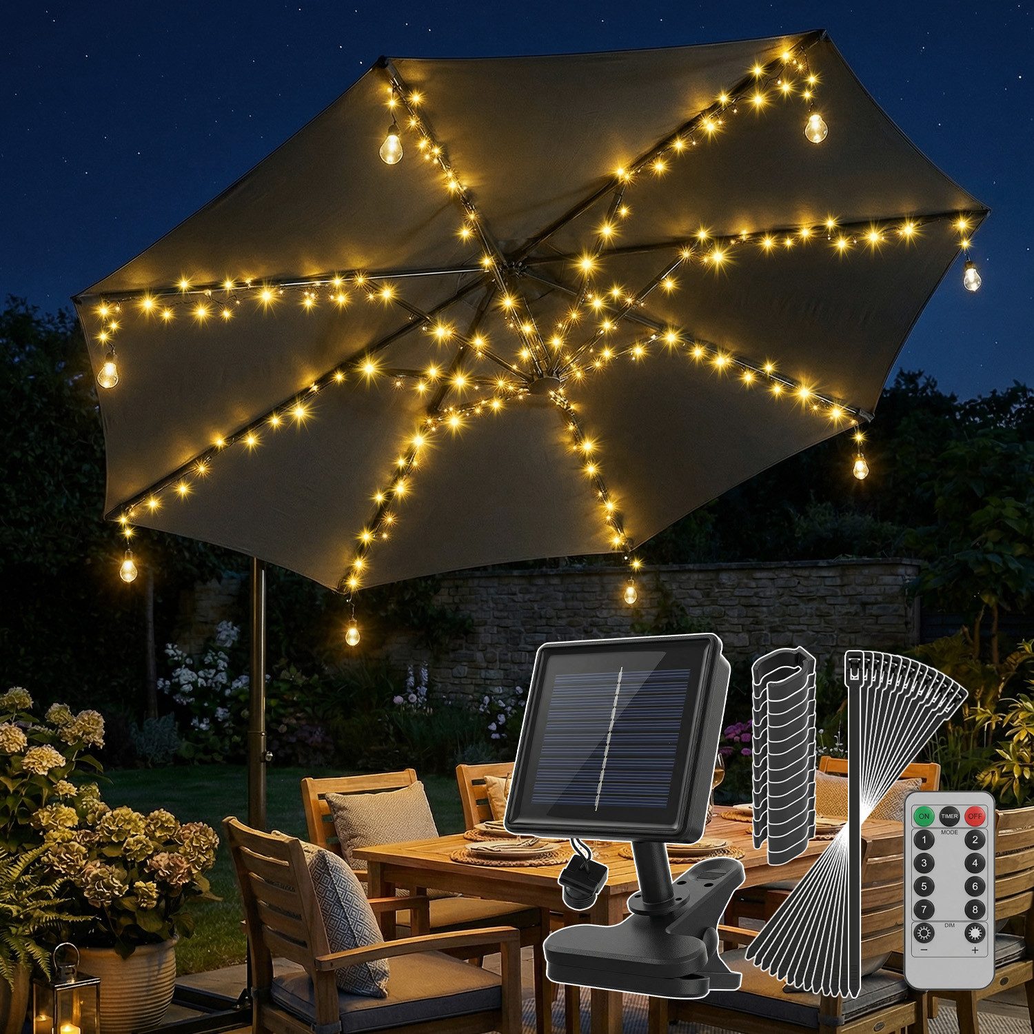 Sekey LED Solarleuchte Sonnenschirm Beleuchtung Solar LED Lichterkette mit 136 LEDs, 4M Solar Lichterkette für Sonnenschirm, Gartenleuchte