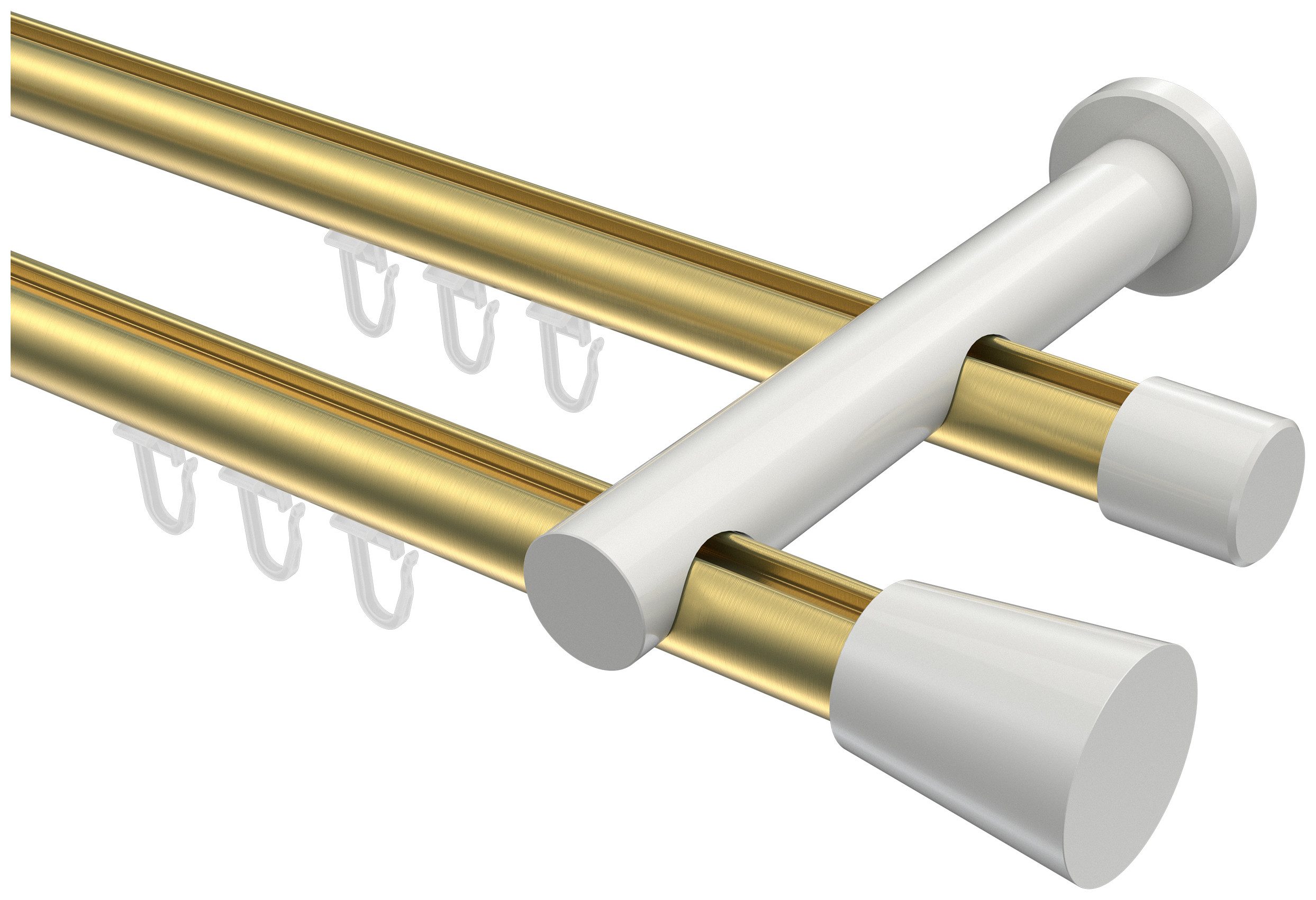 INTERDECO Gardinenstange Platon Sitra, Ø 20 mm, 2-läufig, Fixmaß, kürzbar, Wandmontage, Aluminium, Messing-Optik / Weiß / Bicolor
