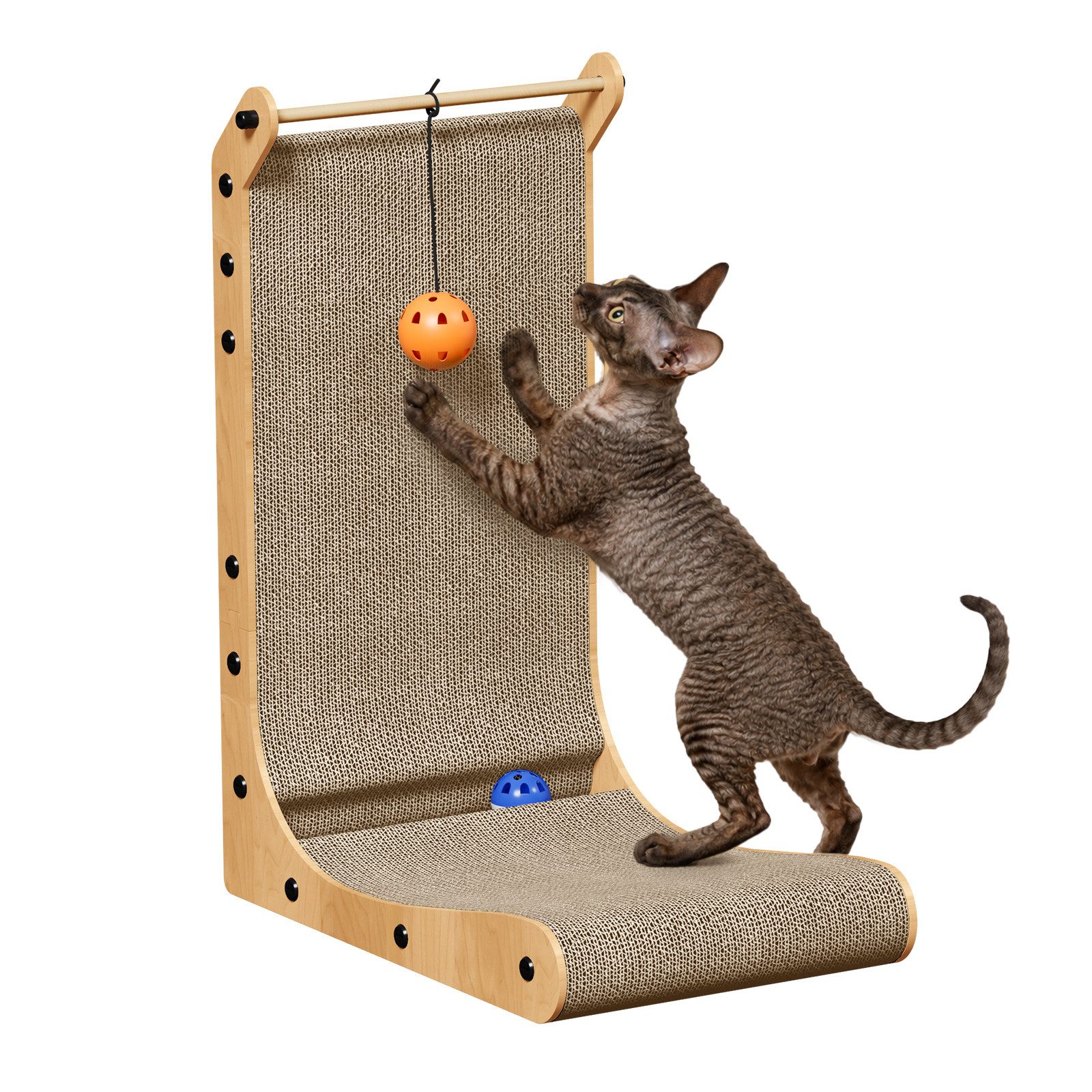 Dogat Kratzbrett L formiges Kratzbrett mit Spielkugel, 68cm, B×T×H: 42×29×68cm & 38x24x48 cm, zur Wandmontage, Kratzmatte