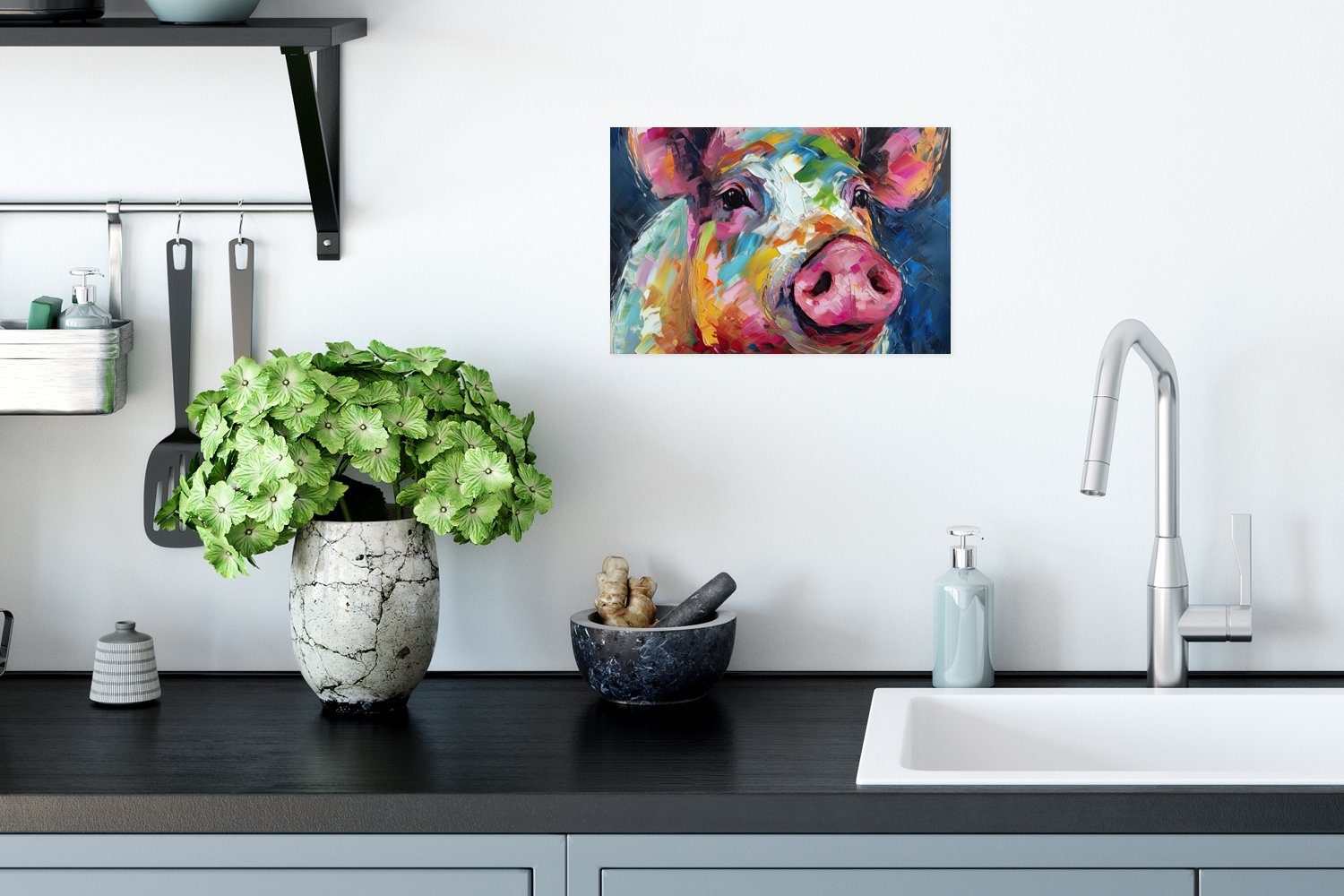 Tiere Poster Kunst, (1 - Wandbild, Schwein - Poster, Rahmen Wohnzimmer, für Wandposter - Ölfarbe Ohne St), MuchoWow