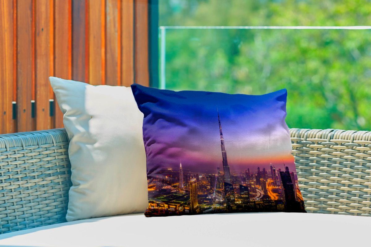 MuchoWow Dekokissen Bunter Himmel Kissenhülle und Outdoor-Dekorationskissen, Dubai, Polyester, Khalifa-Wolkenkratzer über Dekokissenbezug, Burj dem