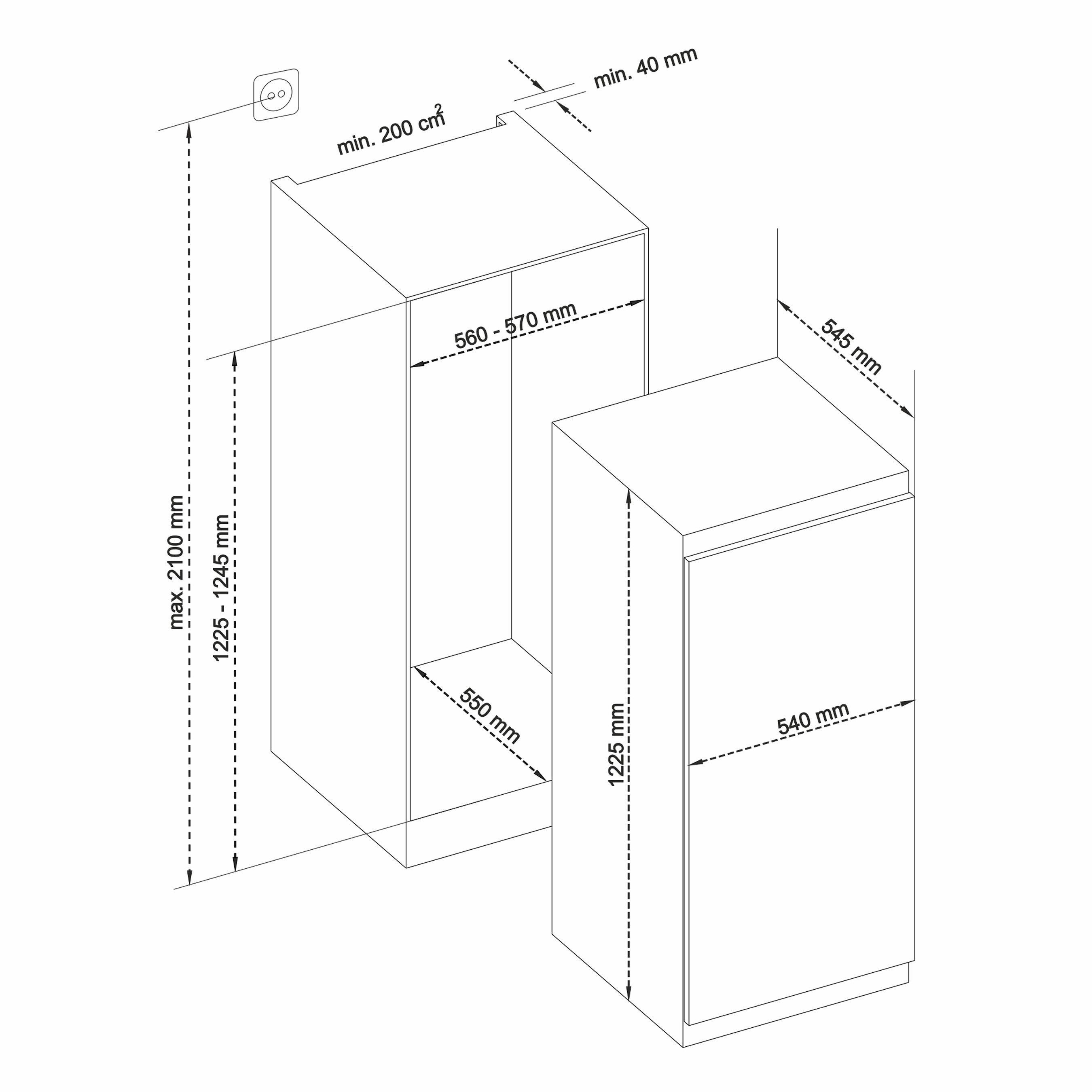 Telefunken Einbaukühlschrank EKG123S187E, 122.5 cm hoch, 54 cm breit, 187 Liter Volumen, Mit Gefrierfach, 122cm Nische, Schlepptürtechnik