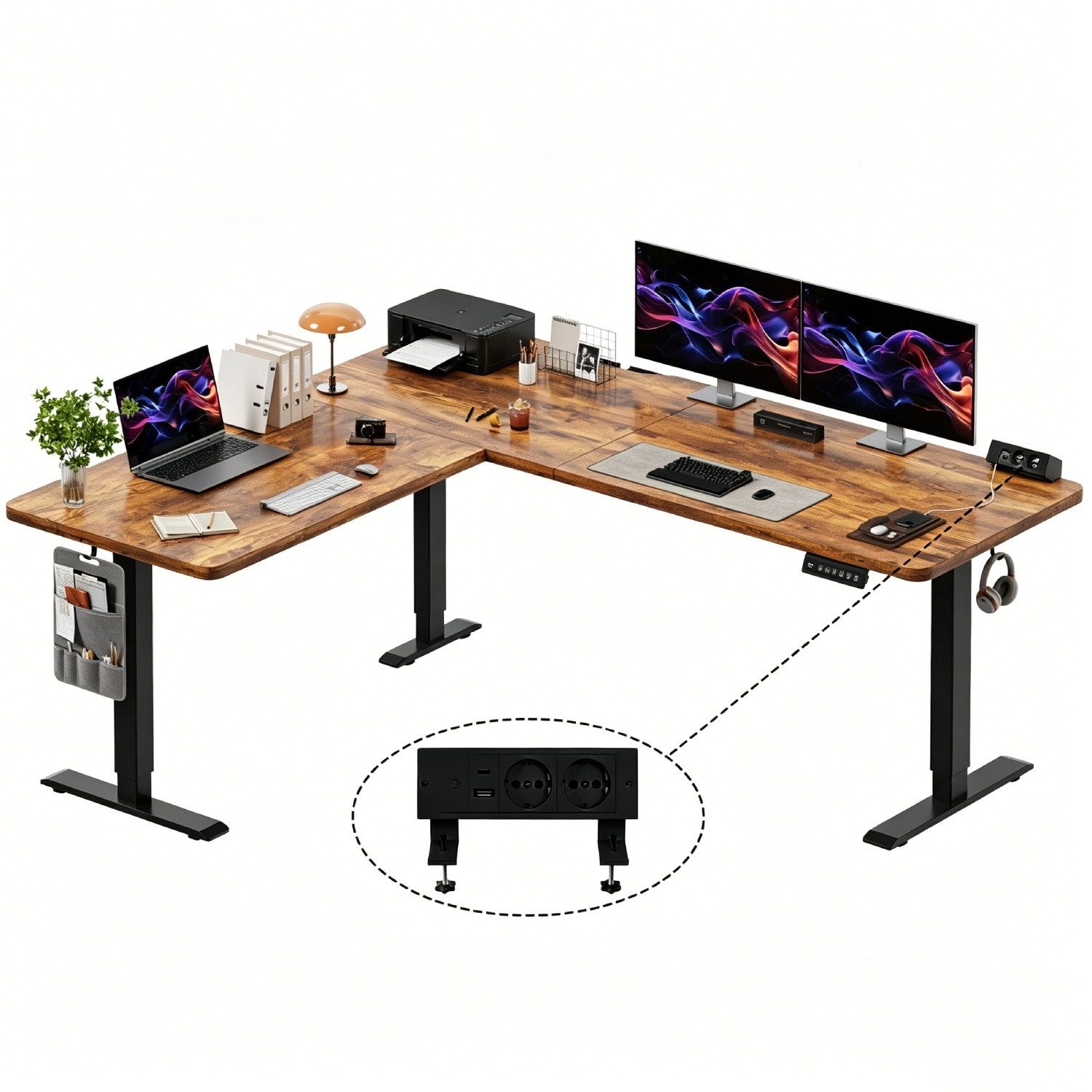 HOMALL Schreibtisch 20 mm starker EckSchreibtisch, L-förm höhenverstellbarer Schreibtisch (Maße: 160 × 140 / 190 × 155, 20 mm dicke Tischplatte, Tragkraft bis zu 100 kg, mit beweglicher Steckdose, in 3 Stufen höhenverstellbar)