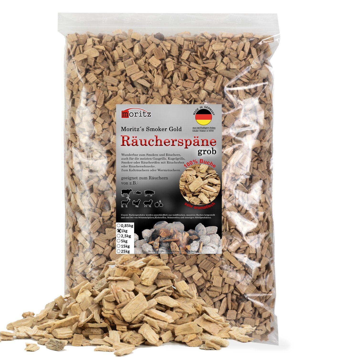 Moritz Räucherbox 1kg Räucherspäne Buche grob 6 -12 mm zum smoken, räuchern/kalträuchern von Fleisch, Fisch, Gemüse geeignet