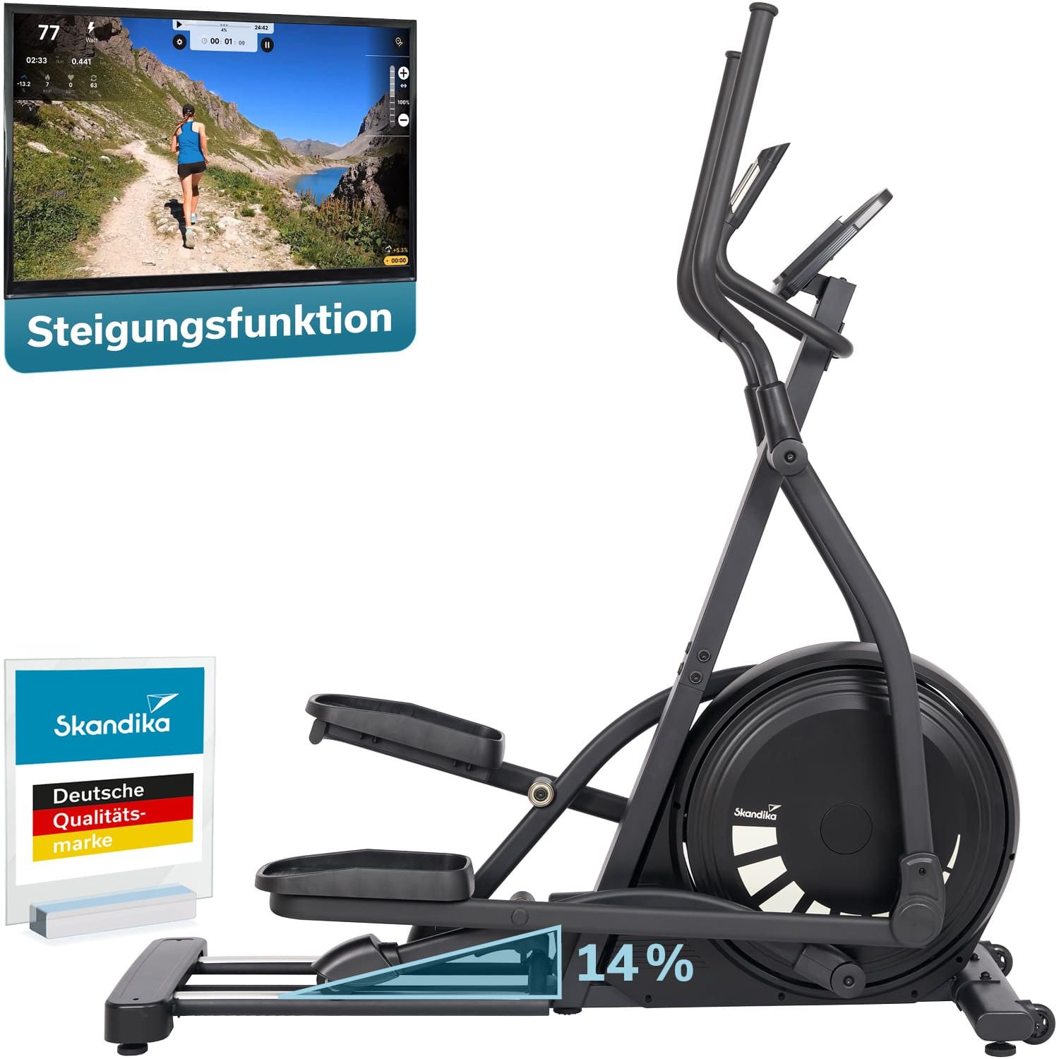 Skandika Crosstrainer für Zuhause Carbon P23-S, Ellipsentrainer, Steigungsfunktion (Kinomap App kompatibel, bis 135 kg, Transportrollen, Tablet-Halterung), Rahmen aus Eisen, 32 Stufen, 22 Programme, Magnetbremse, Bluetooth