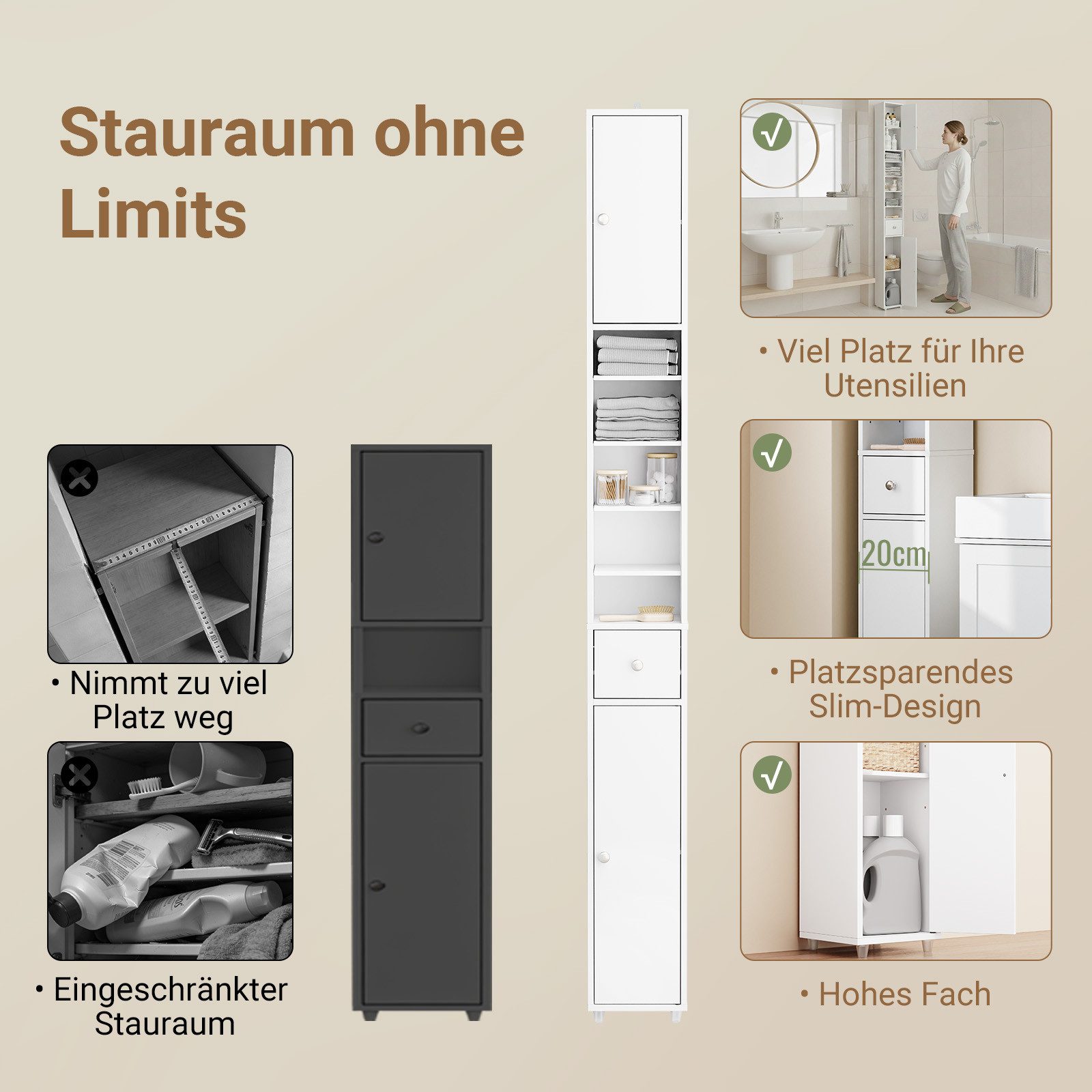 SoBuy Badkommode BZR34-II, Badschrank schmal, Badezimmermöbel, Wasserabweisender, Badzimmerschrank mit verstellbare Ablagen Badkommode schmal Badezimmer